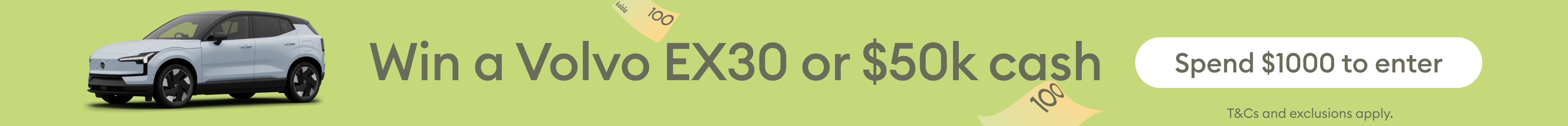 Silver Volvo EX30 side profile on Koala desktop banner reading Win a Volvo EX30 or $50k cash