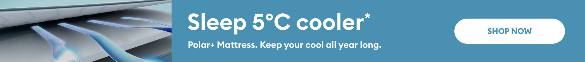 Blue banner advertising a mattress with text "Sleep 5°C cooler" and "SHOP NOW" button. Cooling airflow graphic shown under the mattress.