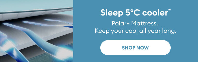 Graphic of a Polar+ mattress with temperature-reducing technology, blue cooling waves, and text: "Sleep 5°C cooler." Shop Now button included.