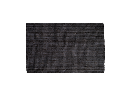 Dark grey rectangular woven rug with a subtle striped pattern. Ideal for modern home decor.