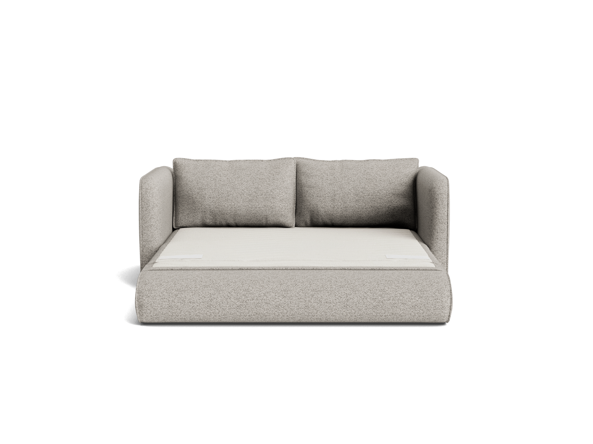 Light grey sofa bed with two back cushions and an extended mattress. Modern design for versatile living room furniture.