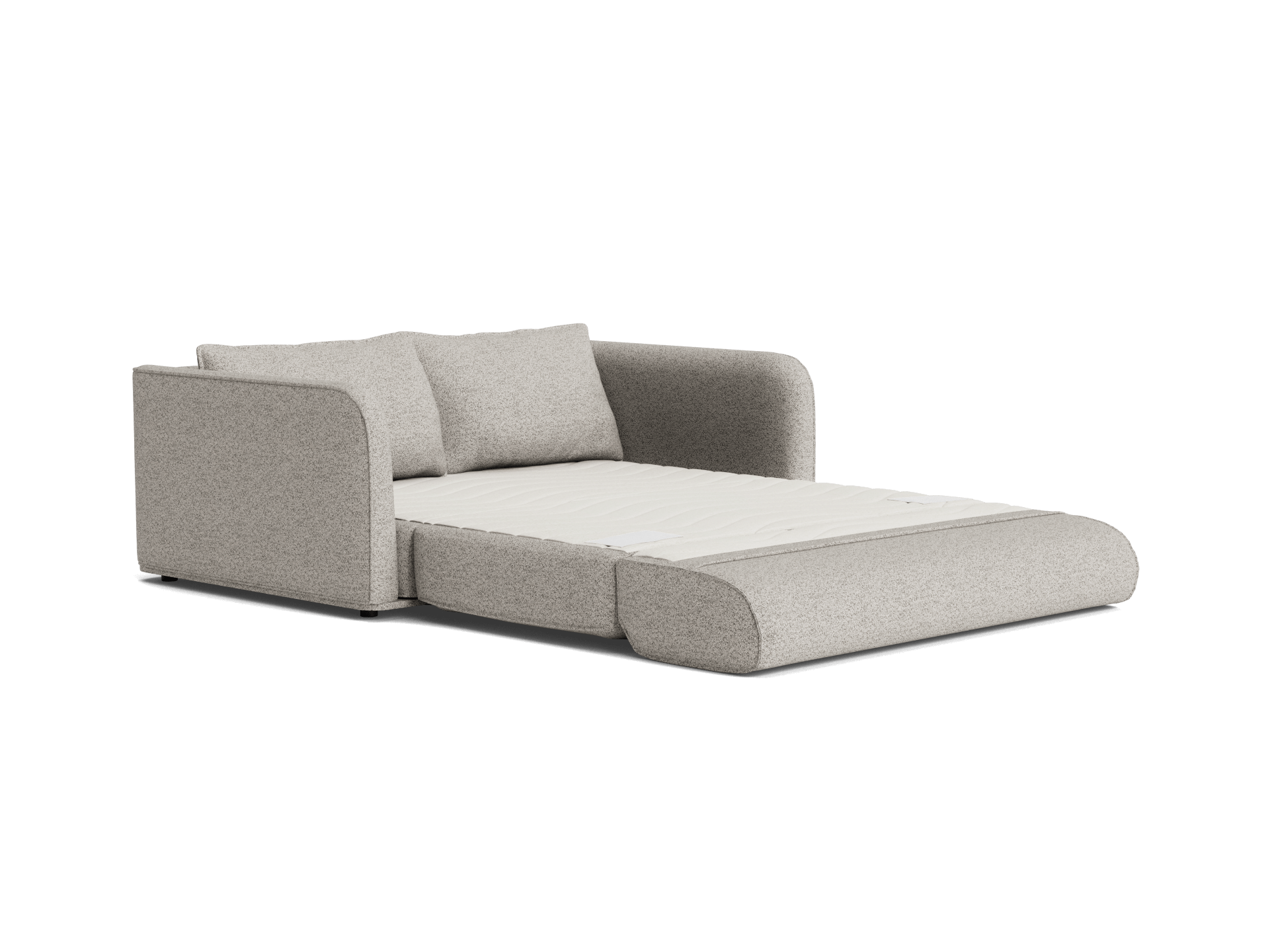 Light grey fabric sofa bed with cushions, extended into a bed. Modern design, neutral tones, perfect for versatile living room decor.