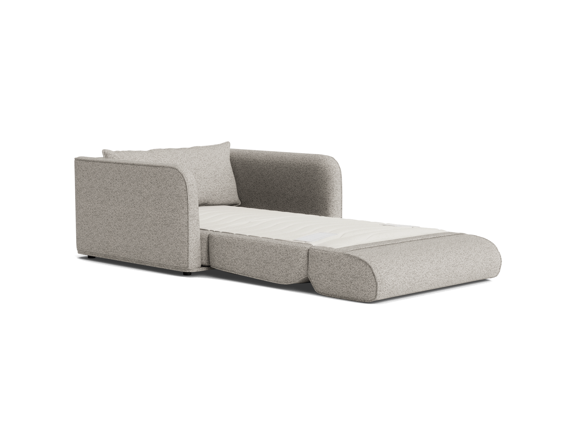 Grey sofa bed with rounded arms, extended into a bed position. Light-coloured mattress, single cushion, modern design. Ideal for small spaces.