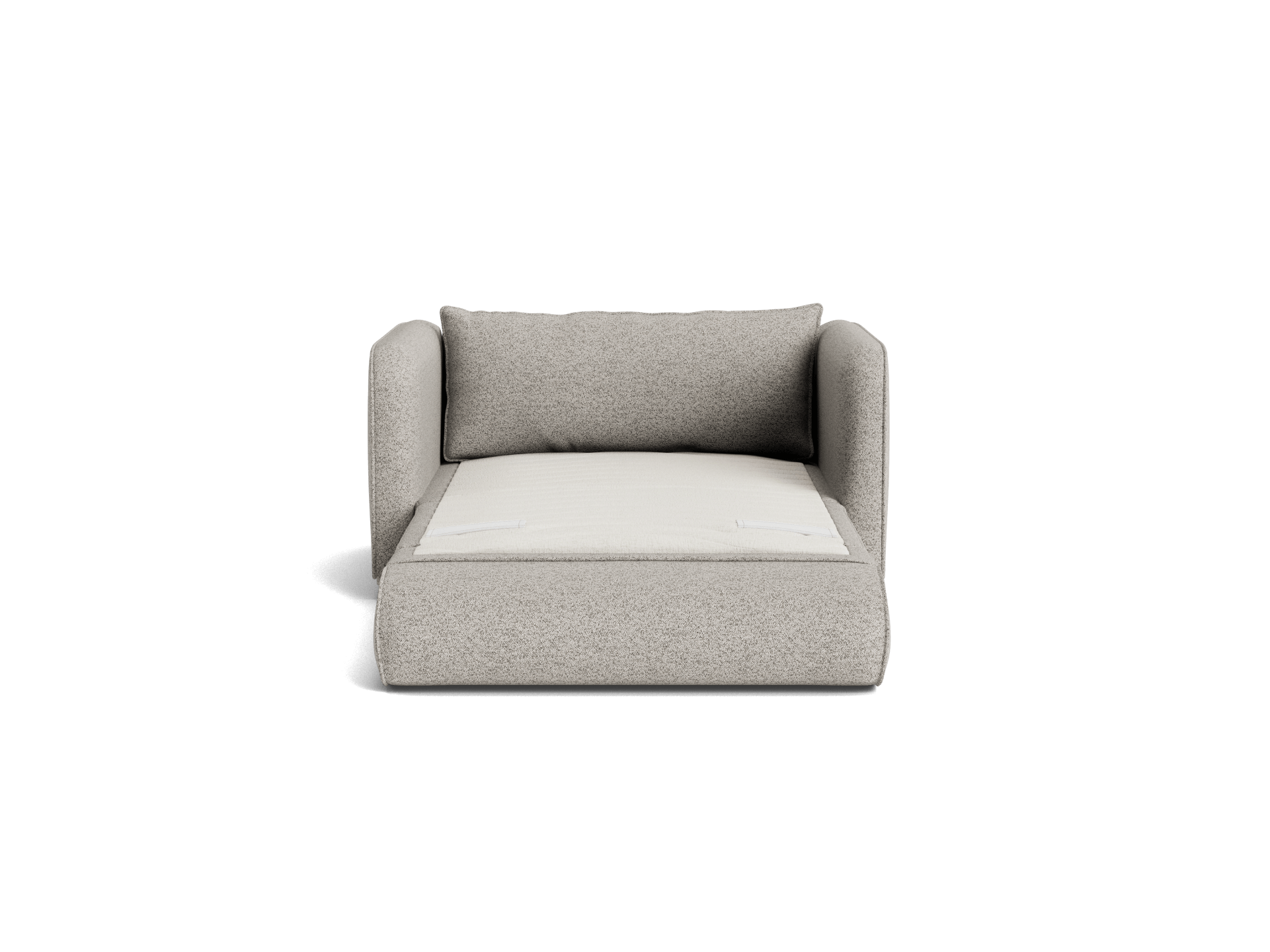 Modern light grey upholstered couch with wide arms and a rectangular white cushion, set against a plain background.