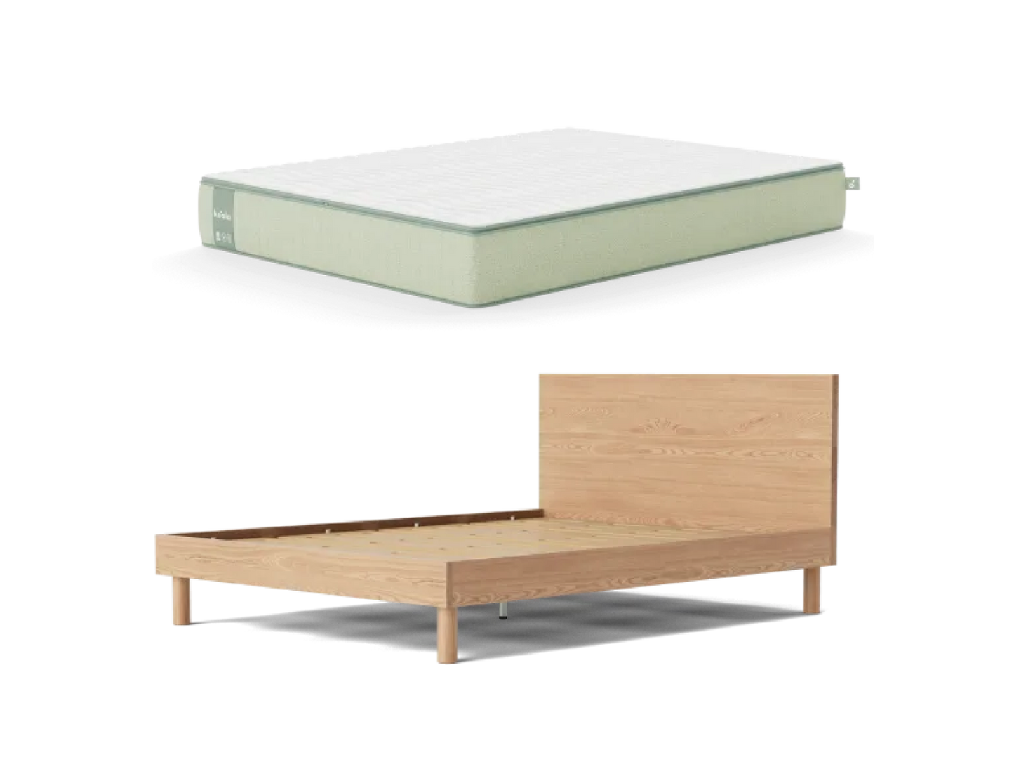 Mattress with light grey top and green sides above a light wood bed frame with a tall headboard; no bedding included.