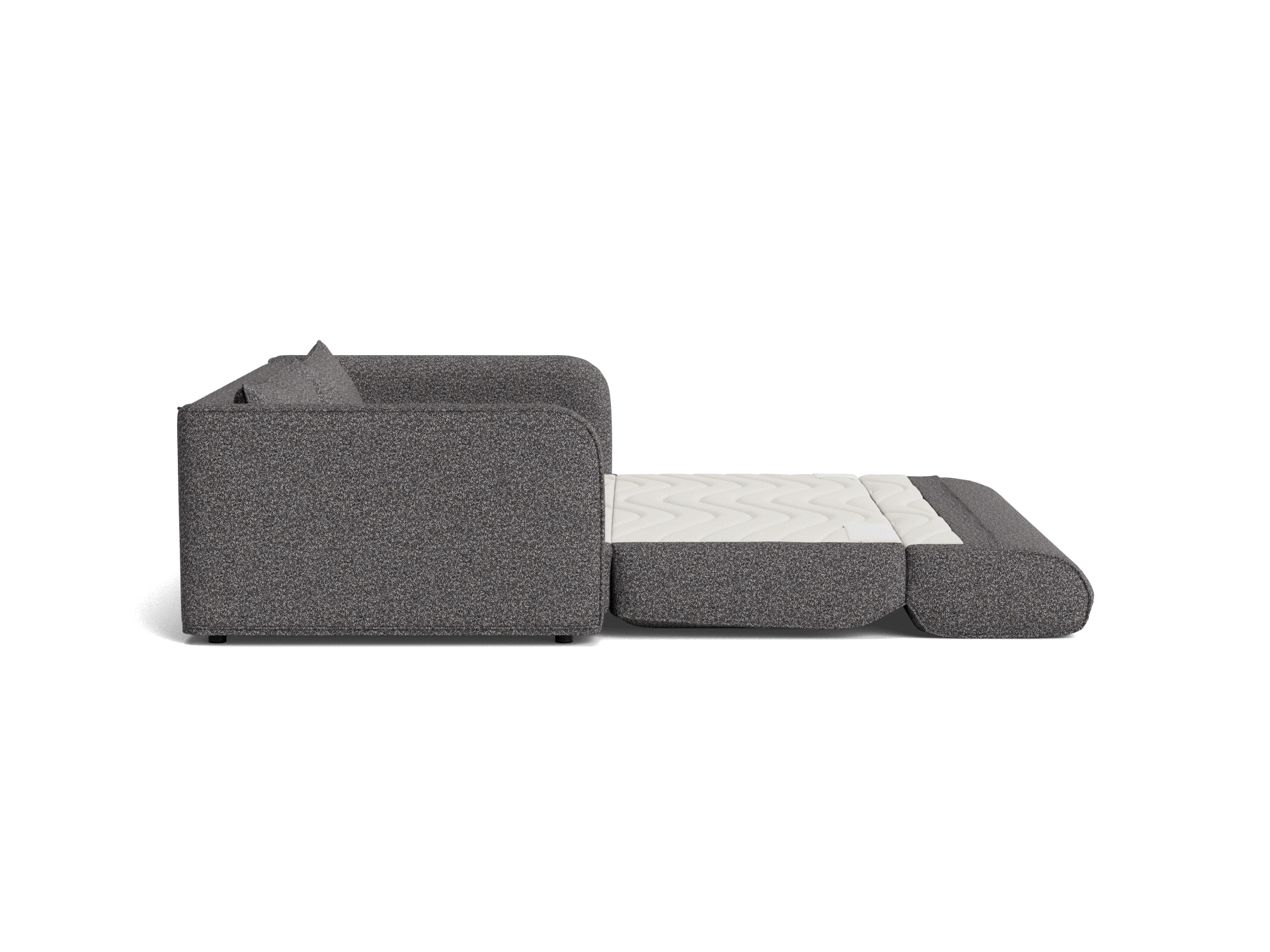 Dark grey sofa bed extended into a single sleeper with a white mattress. Ideal for compact living spaces.