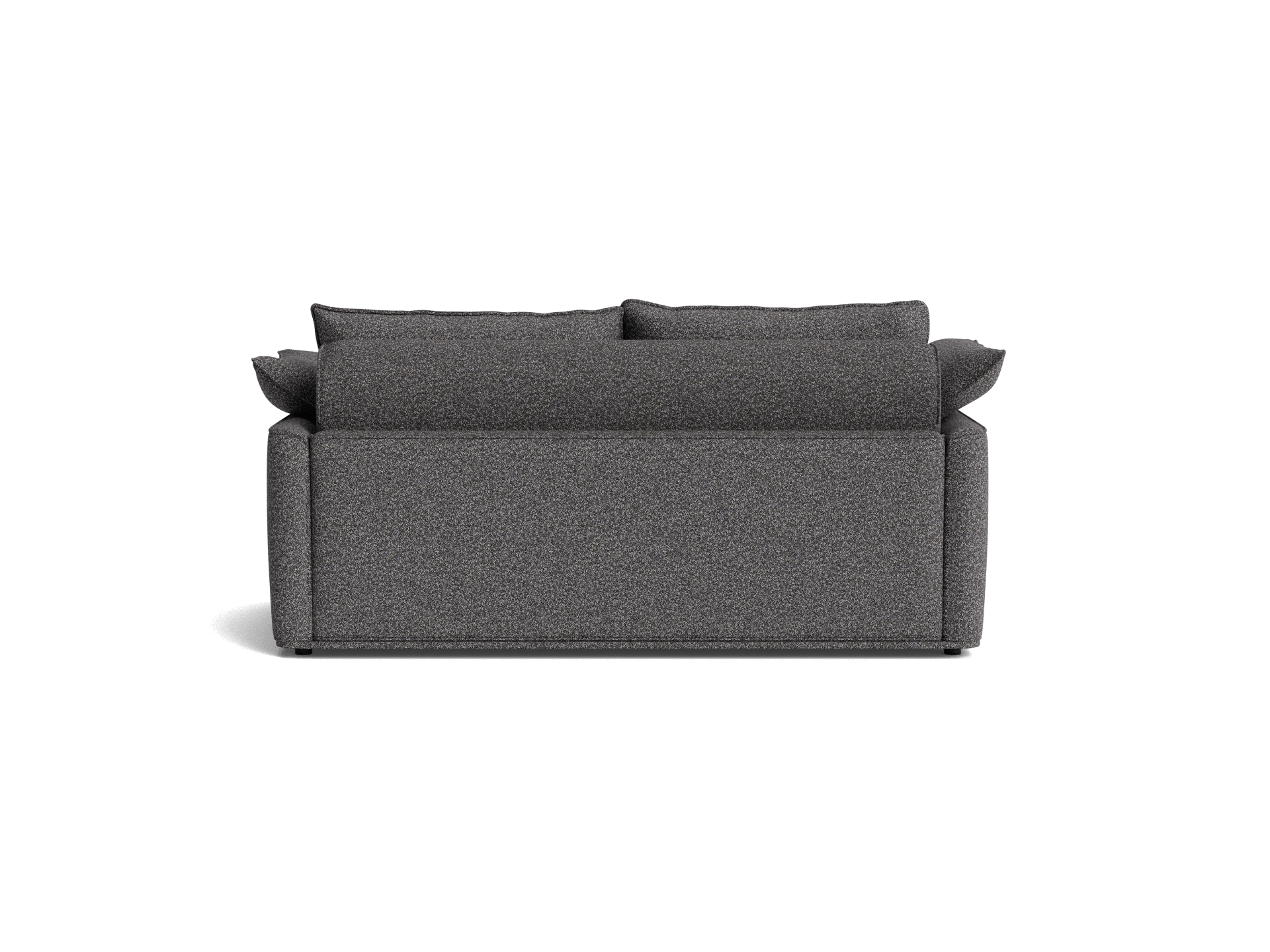 Dark grey upholstered sofa viewed from the back, featuring a clean design with square cushions and a sleek silhouette.