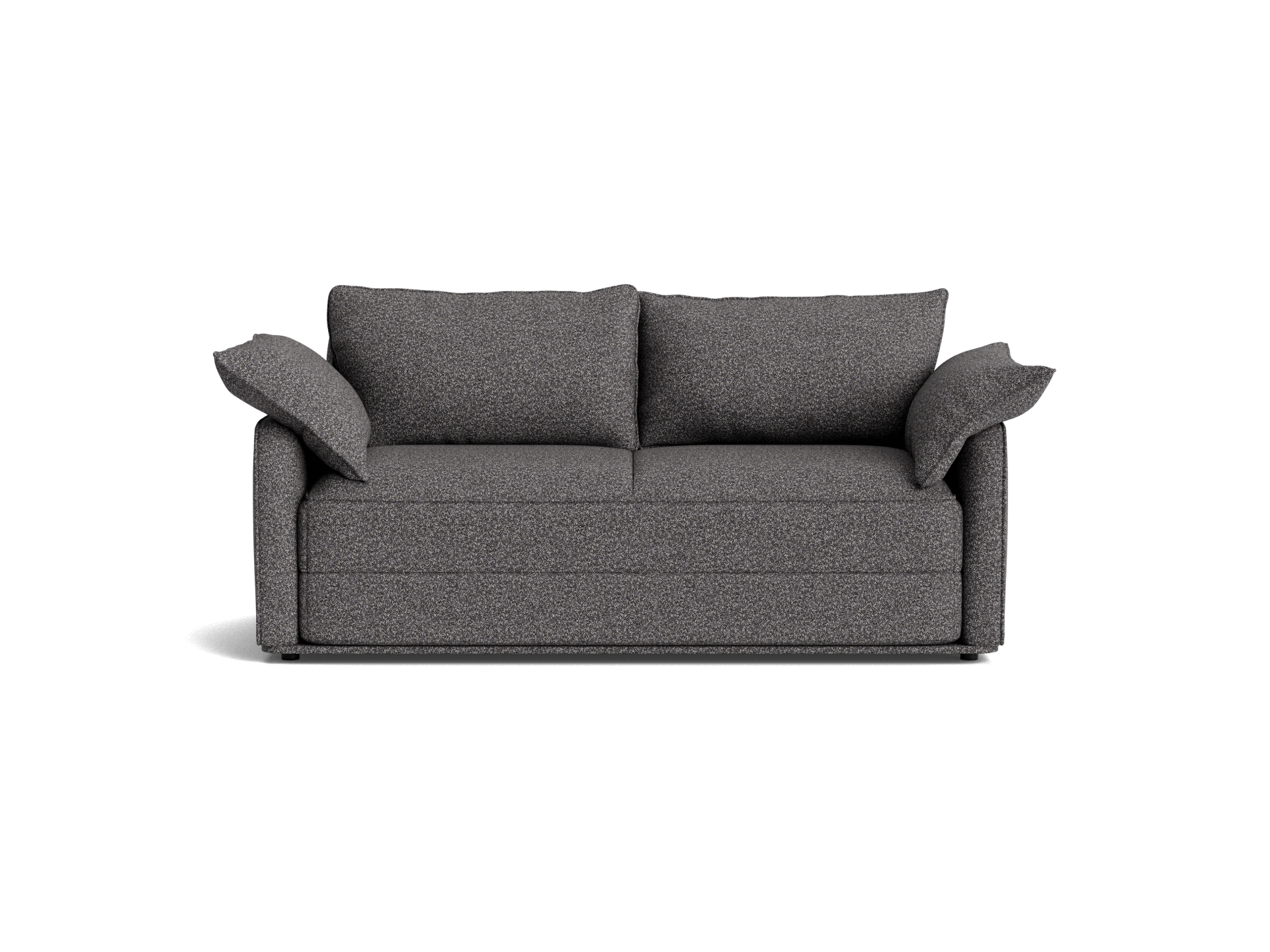 Dark grey fabric sofa with two cushioned arms and backrest. Simple, modern design suitable for living room furniture.