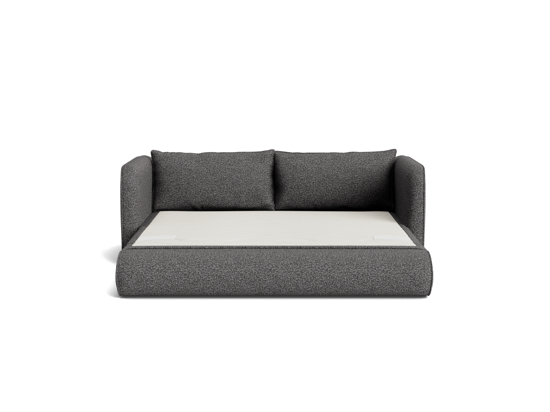 Dark grey sofa bed with two cushions, featuring a beige mattress. Simple, modern design ideal for living room or guest space.