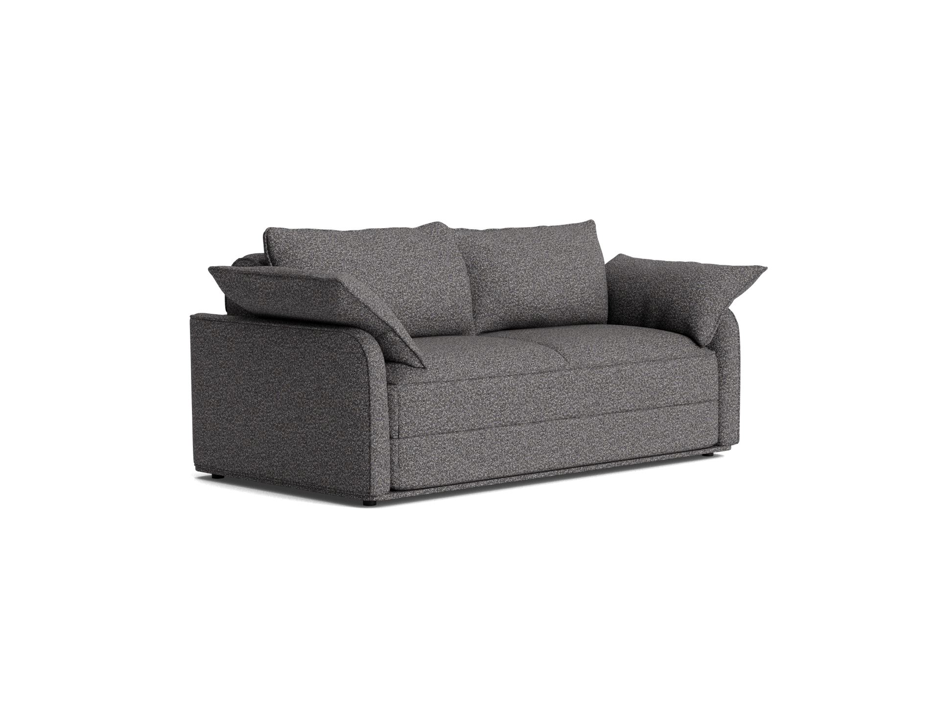 Grey fabric two-seater sofa with wide armrests and plush cushions. Modern design, perfect for living rooms.