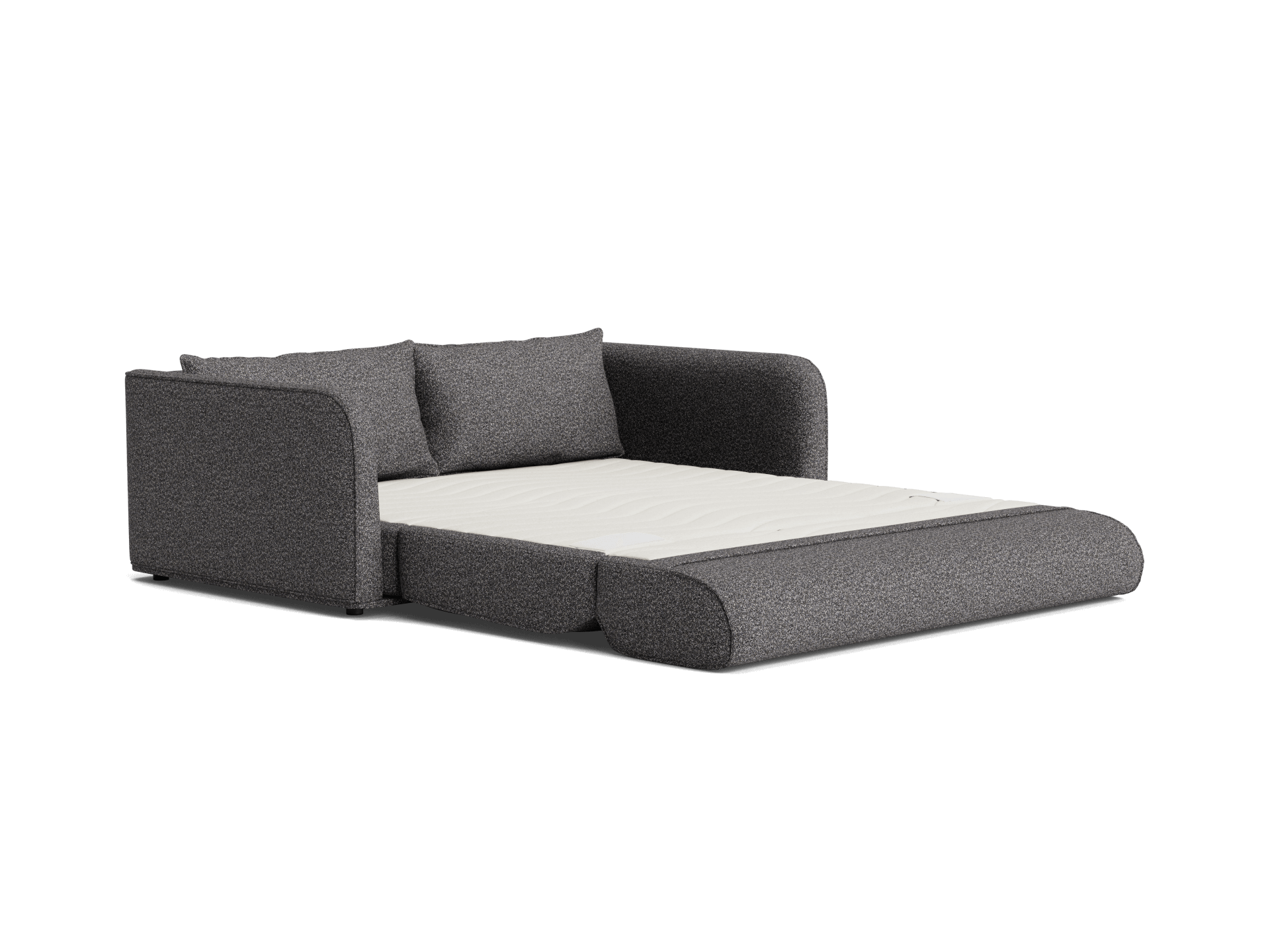 Dark grey sofa bed with extended mattress, rounded armrests, and two matching cushions. Stylish, modern furniture design.