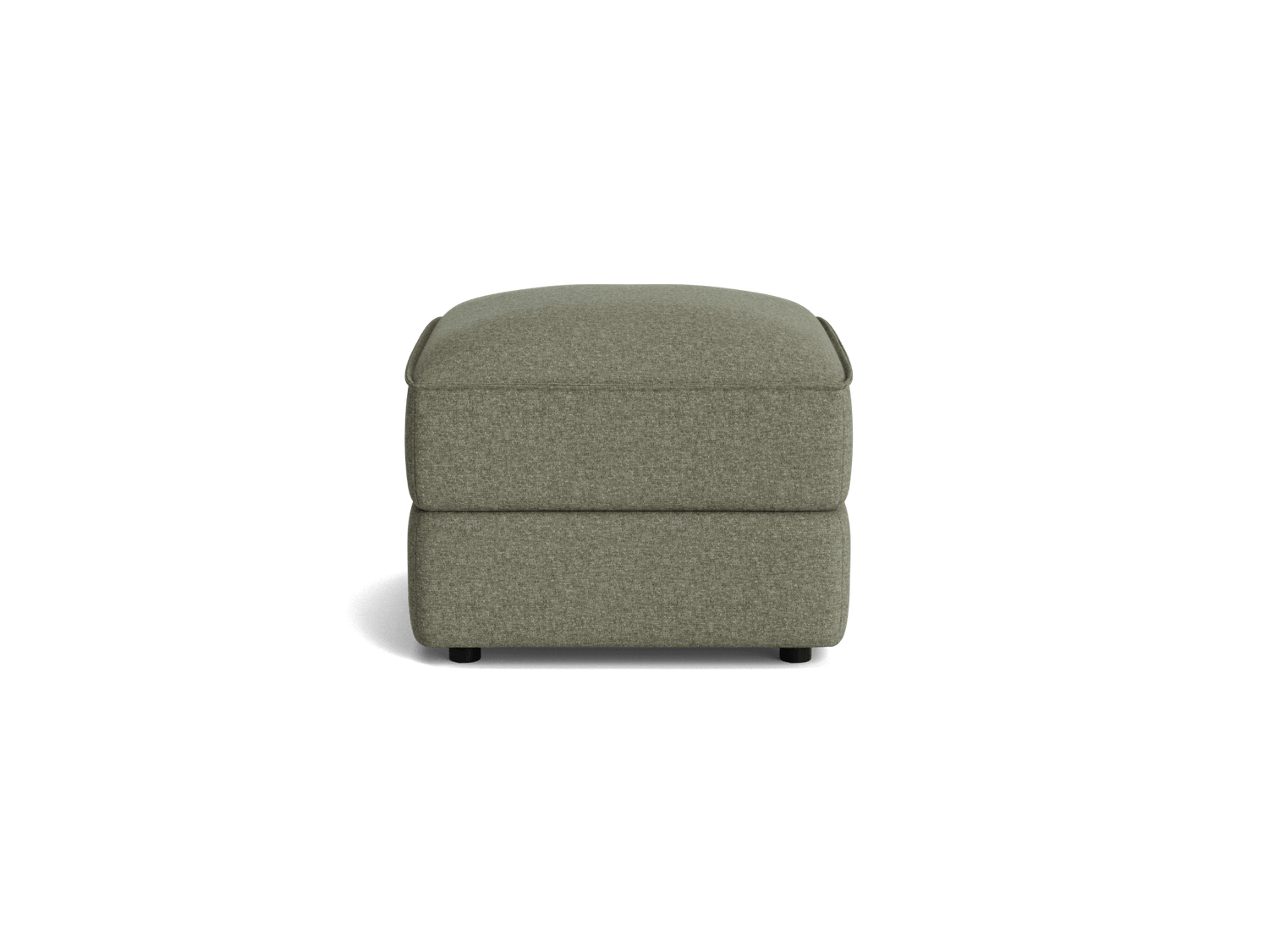 Green fabric ottoman with a boxy design on a white background. Ideal for modern living room furniture setups.