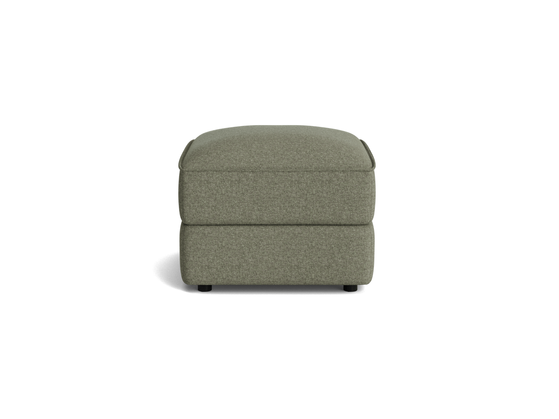 Green fabric ottoman with a boxy design on a white background. Ideal for modern living room furniture setups.