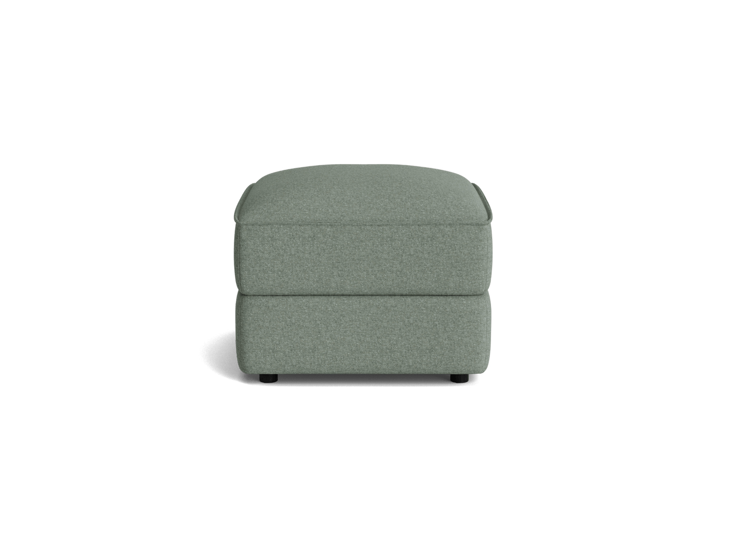 Green rectangular ottoman with a textured fabric and simple design, casting a shadow on a plain background.