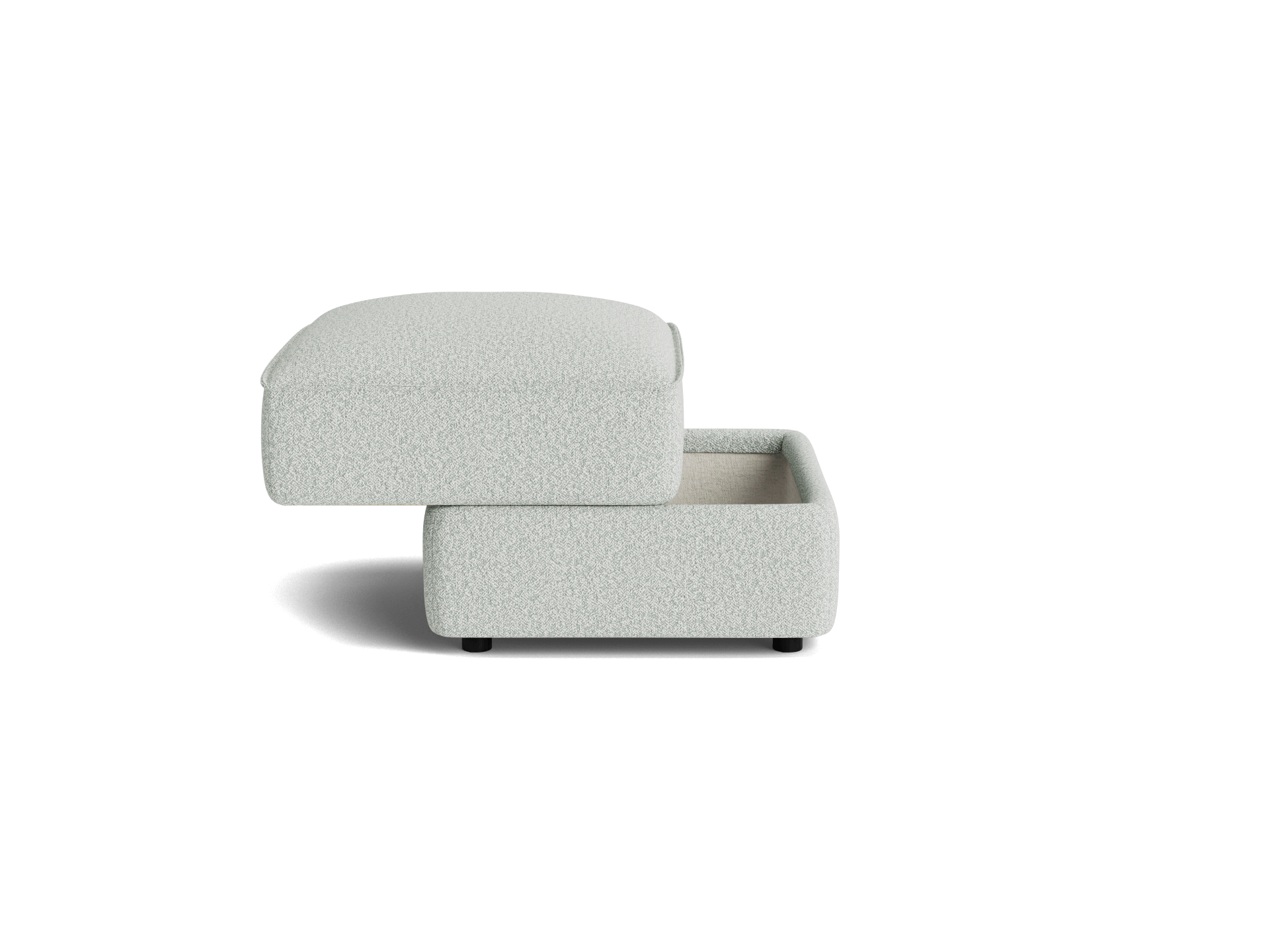 Light grey fabric ottoman with detachable top, revealing storage space. Contemporary design, minimalist style.