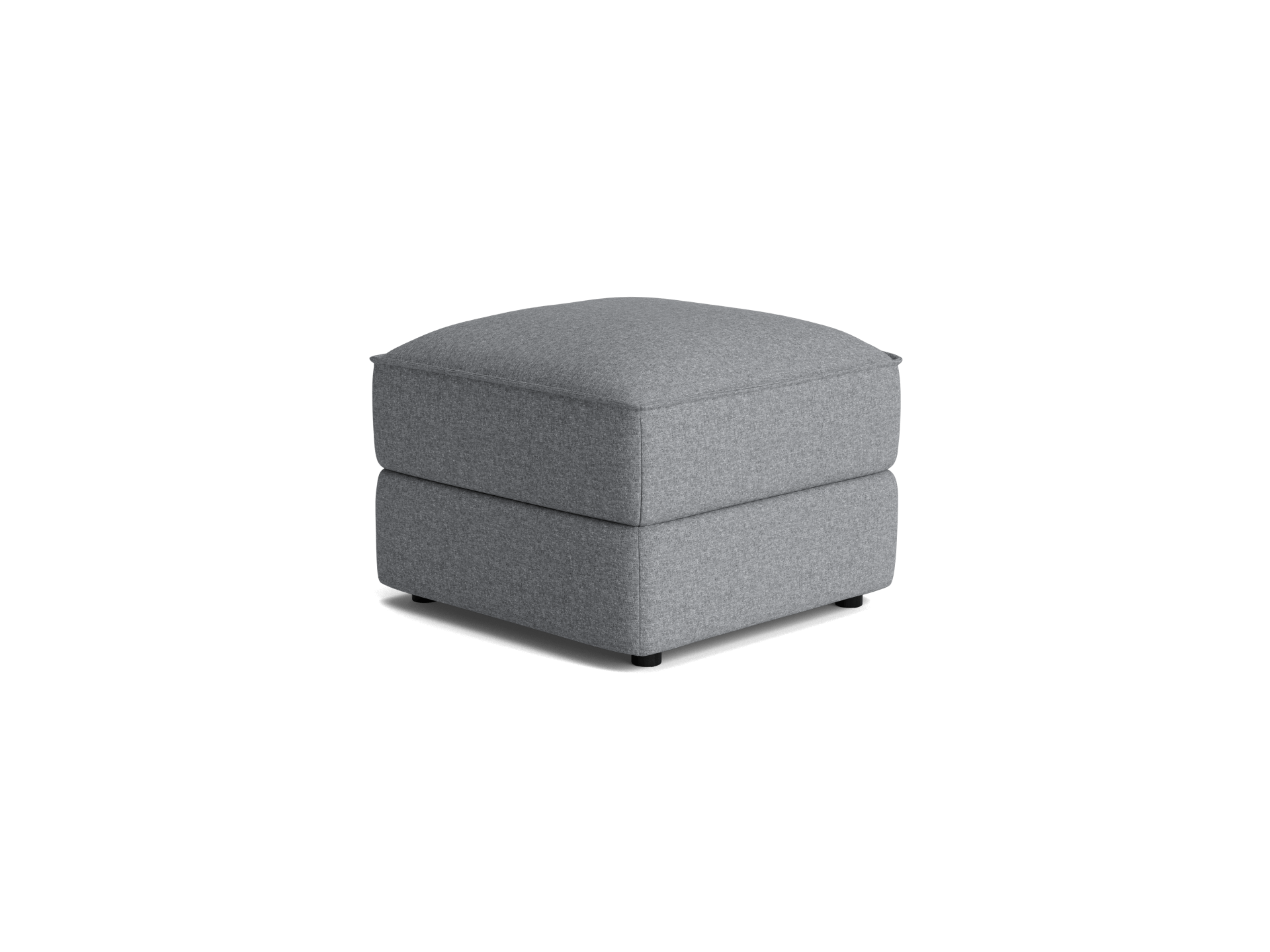 Light grey square ottoman with a cushioned top, perfect for living room seating or as a footrest. Contemporary furniture design.