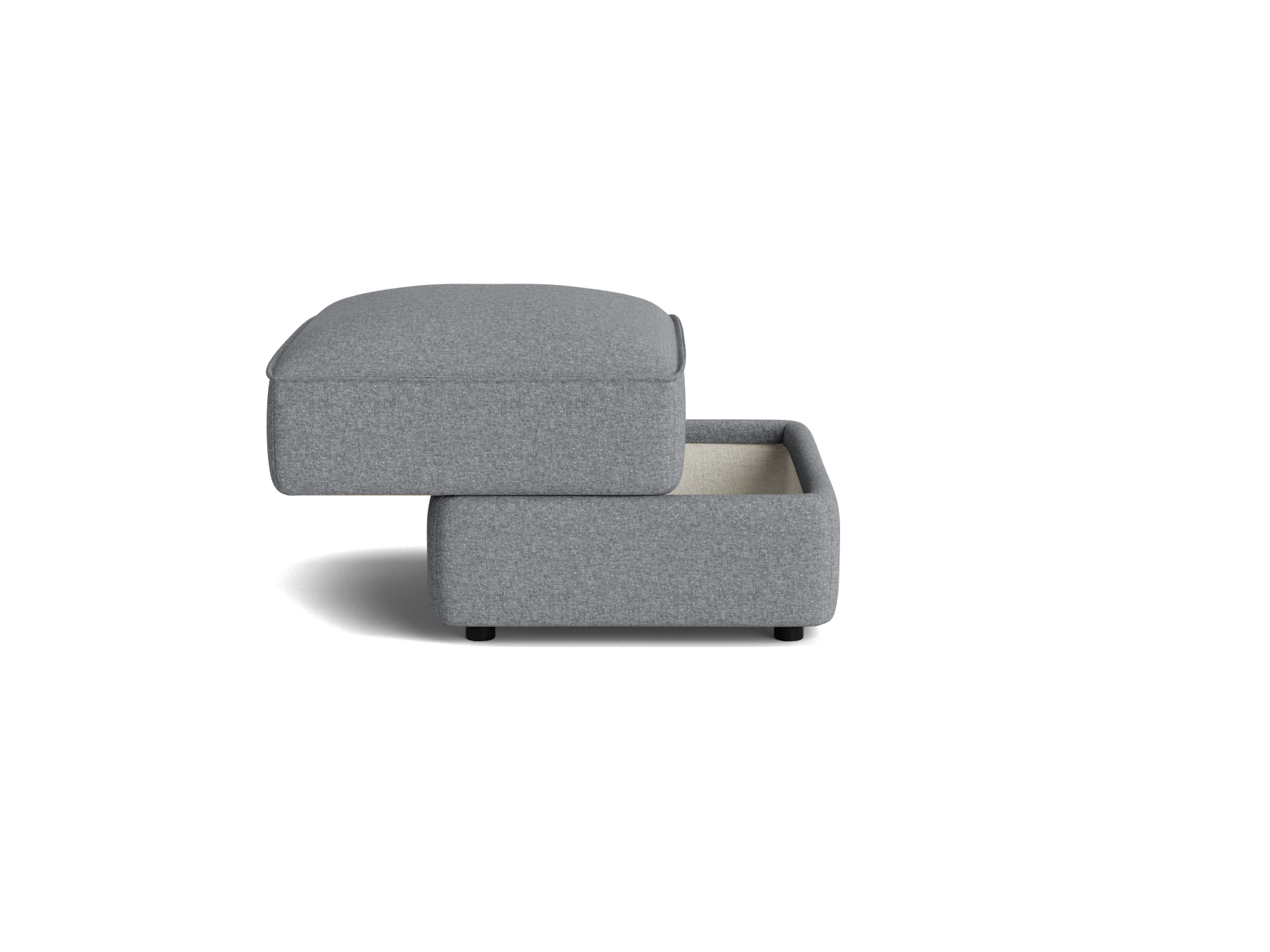 Grey upholstered ottoman with storage, open to reveal internal compartment. Simple, modern design with clean lines. Perfect for contemporary living rooms.