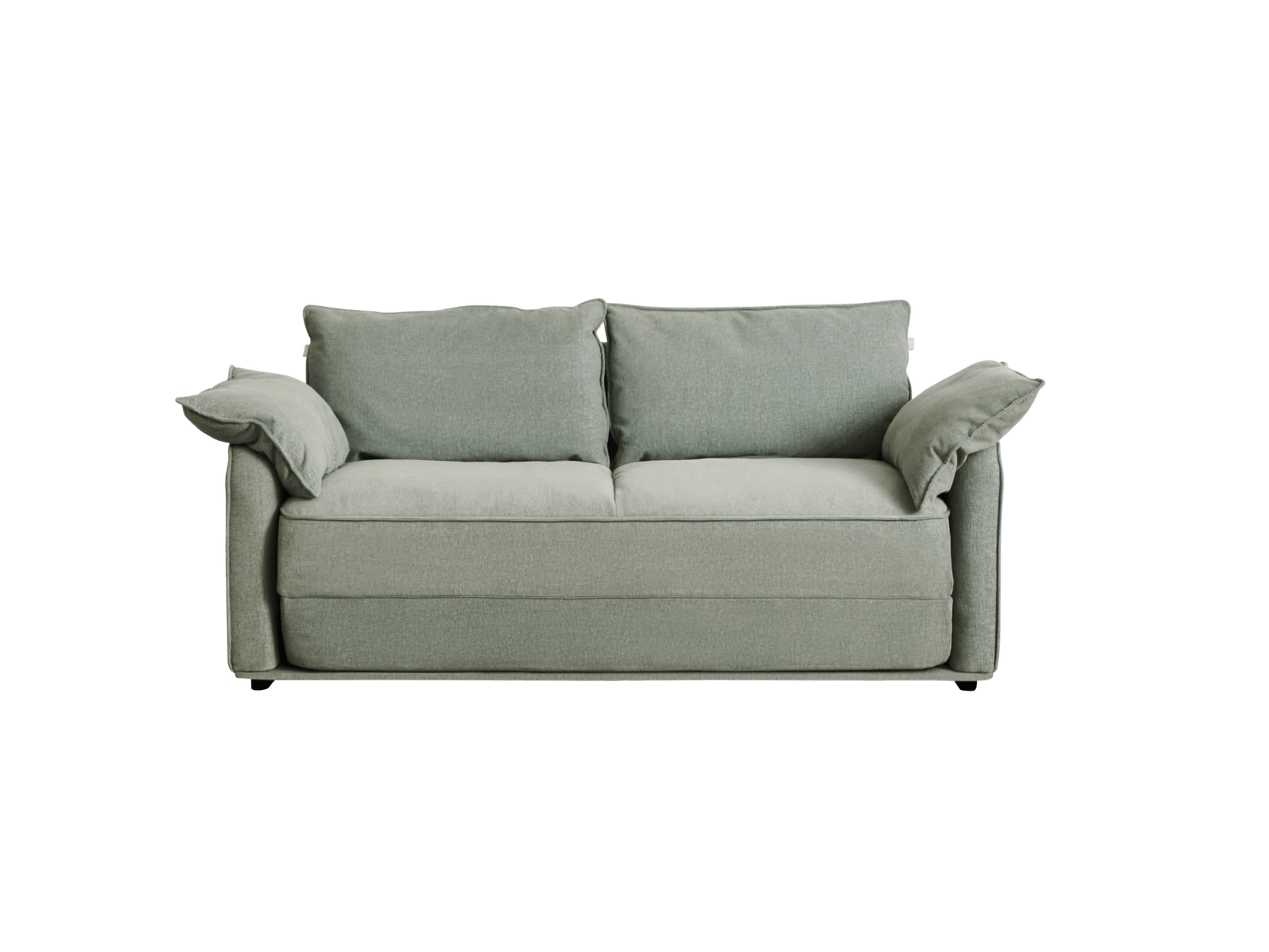 Light green fabric sofa with two cushions and slightly angled armrests, on a plain background. Perfect for living room seating.