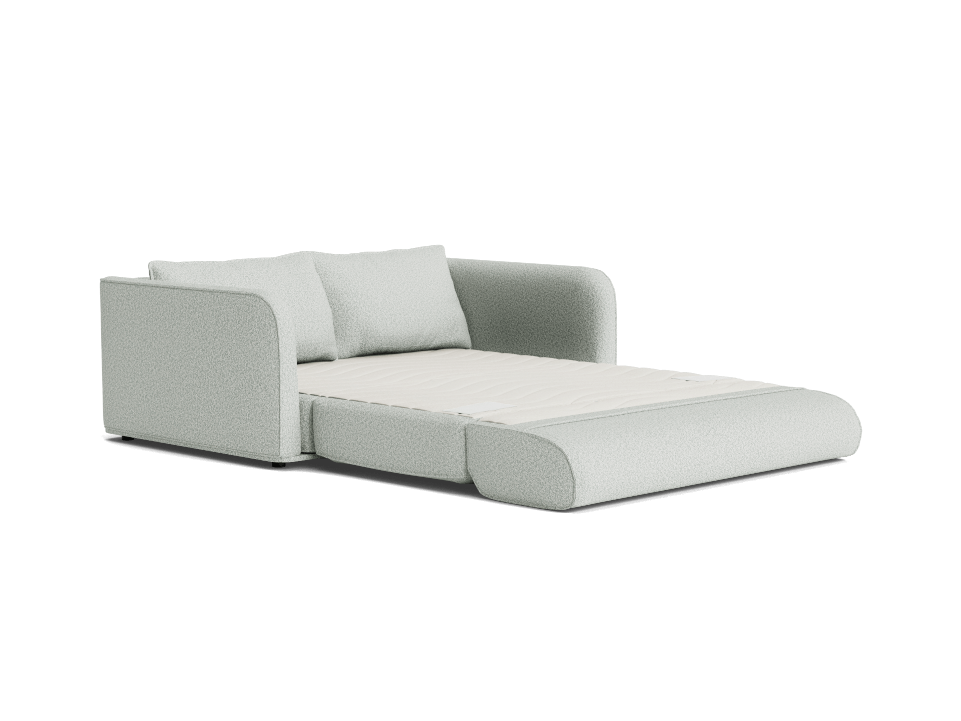 Light grey sofa bed with plush cushions and an extended mattress, showcasing a modern, minimalist design perfect for versatile living spaces.