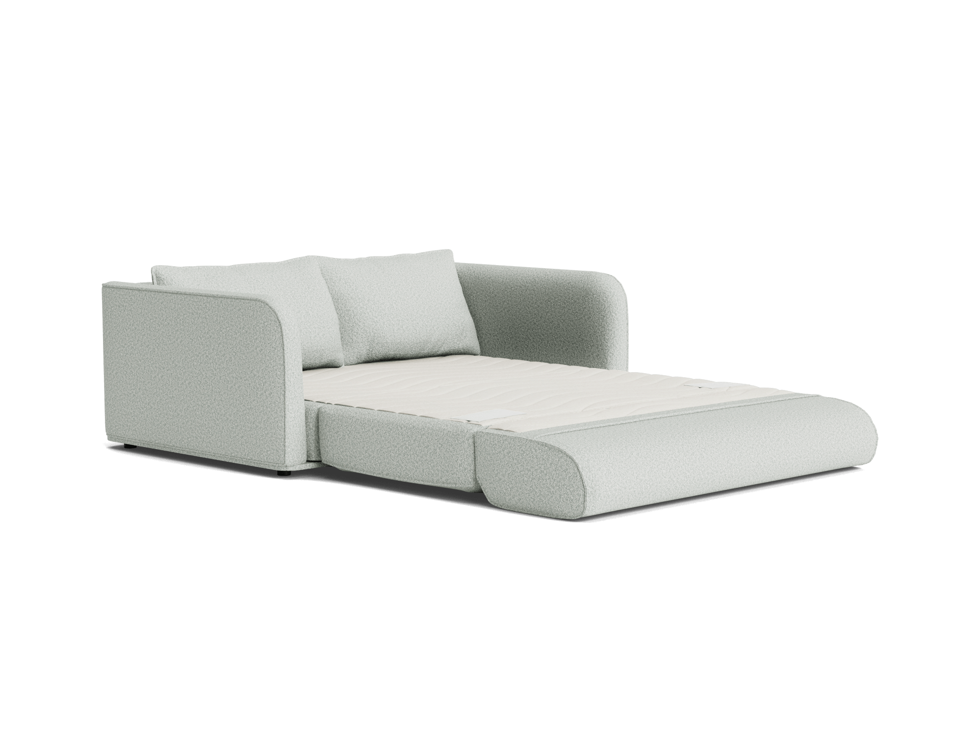 Light grey sofa bed with extended mattress, featuring two back cushions and rounded armrests. Perfect for versatile living spaces.