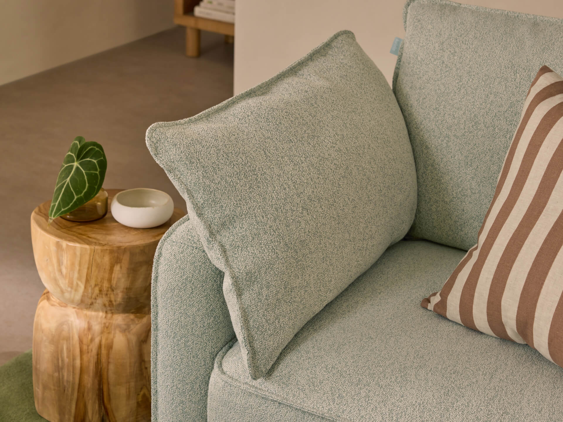 Sage green couch with a large cushion, striped pillow, beside a wooden side table with a plant and small white dish.