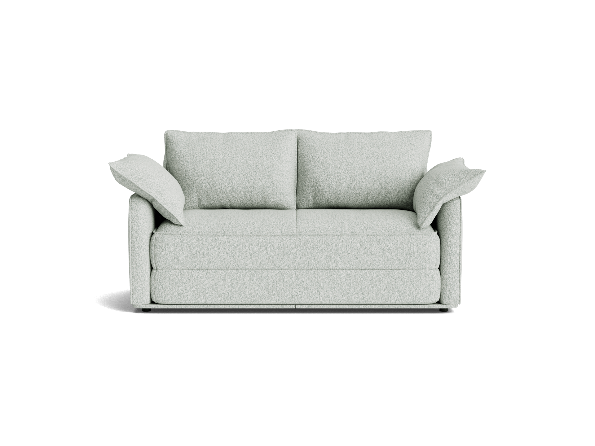 Light grey two-seater fabric sofa with two large back cushions and soft, plush armrests, set against a white background.