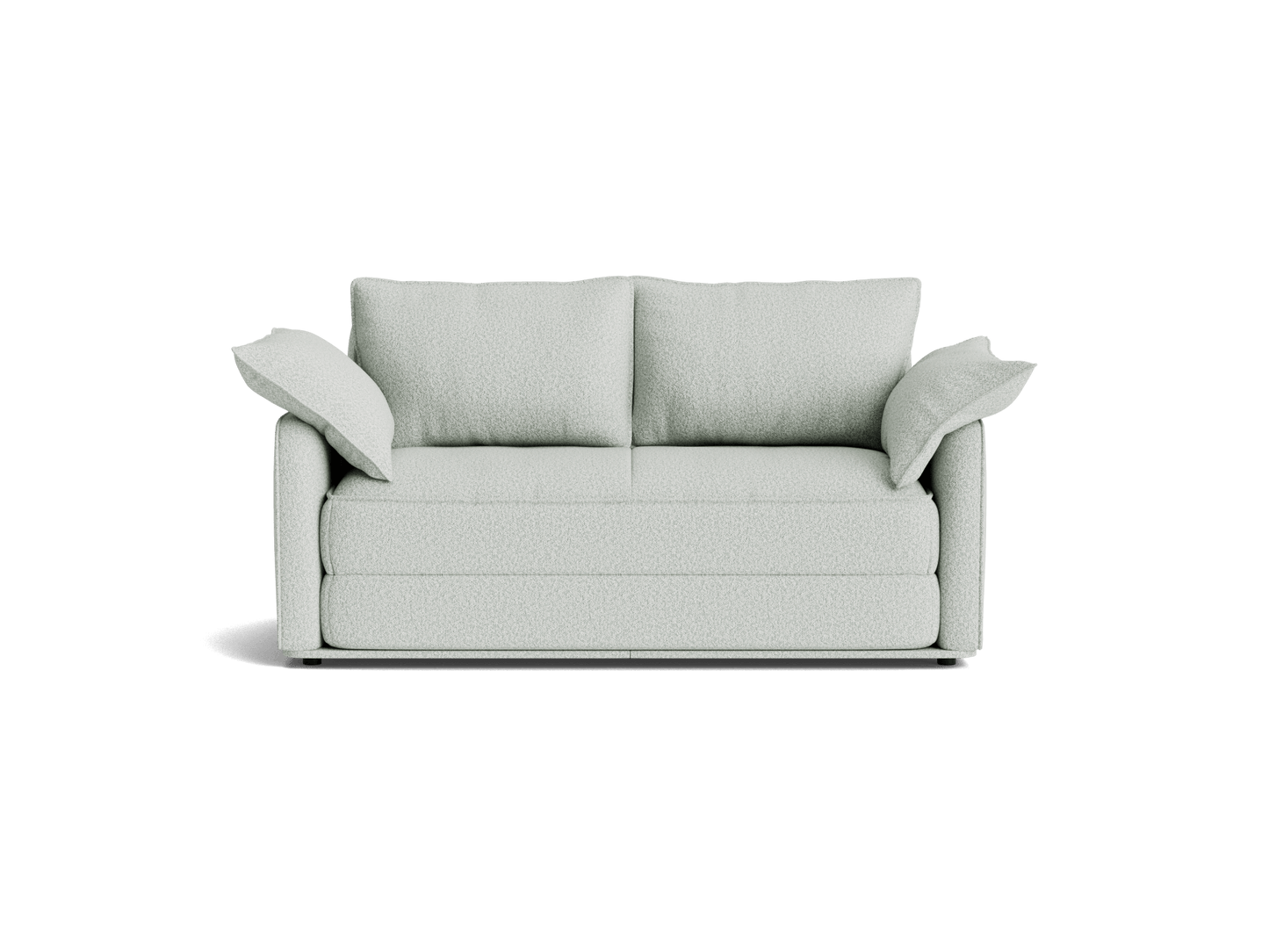 Light grey upholstered sofa with two seat cushions and two back cushions. Features rolled arms for comfy seating in a modern design.