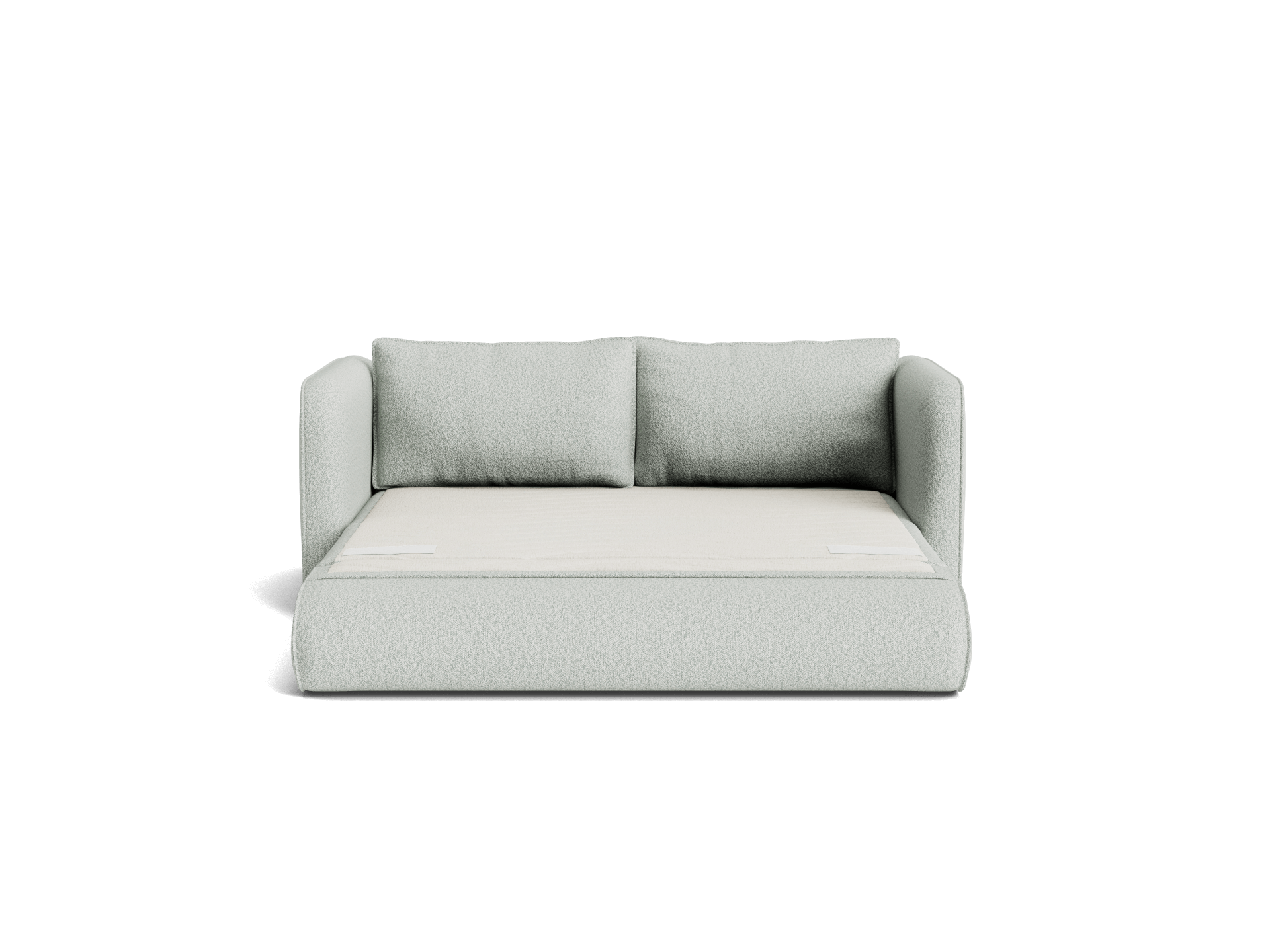 Light grey sofa bed with two matching cushions and an extended cushioned base, showing its dual functionality in modern home decor.