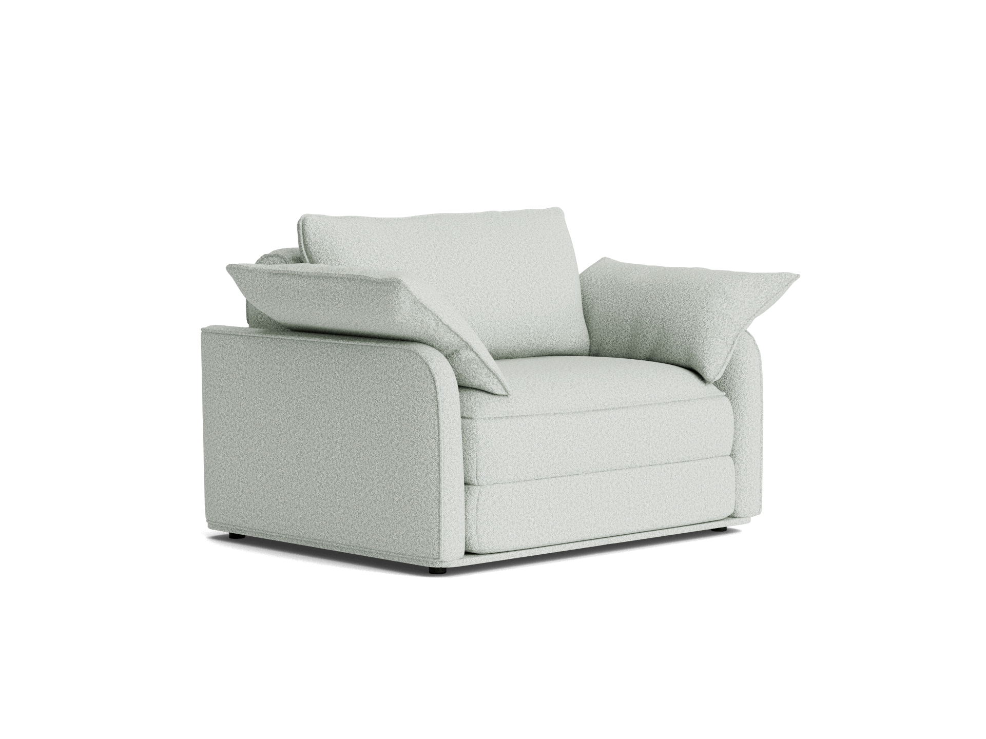 Light grey fabric armchair with wide cushions and low armrests, featuring a boxy design. Perfect for modern living room decor.