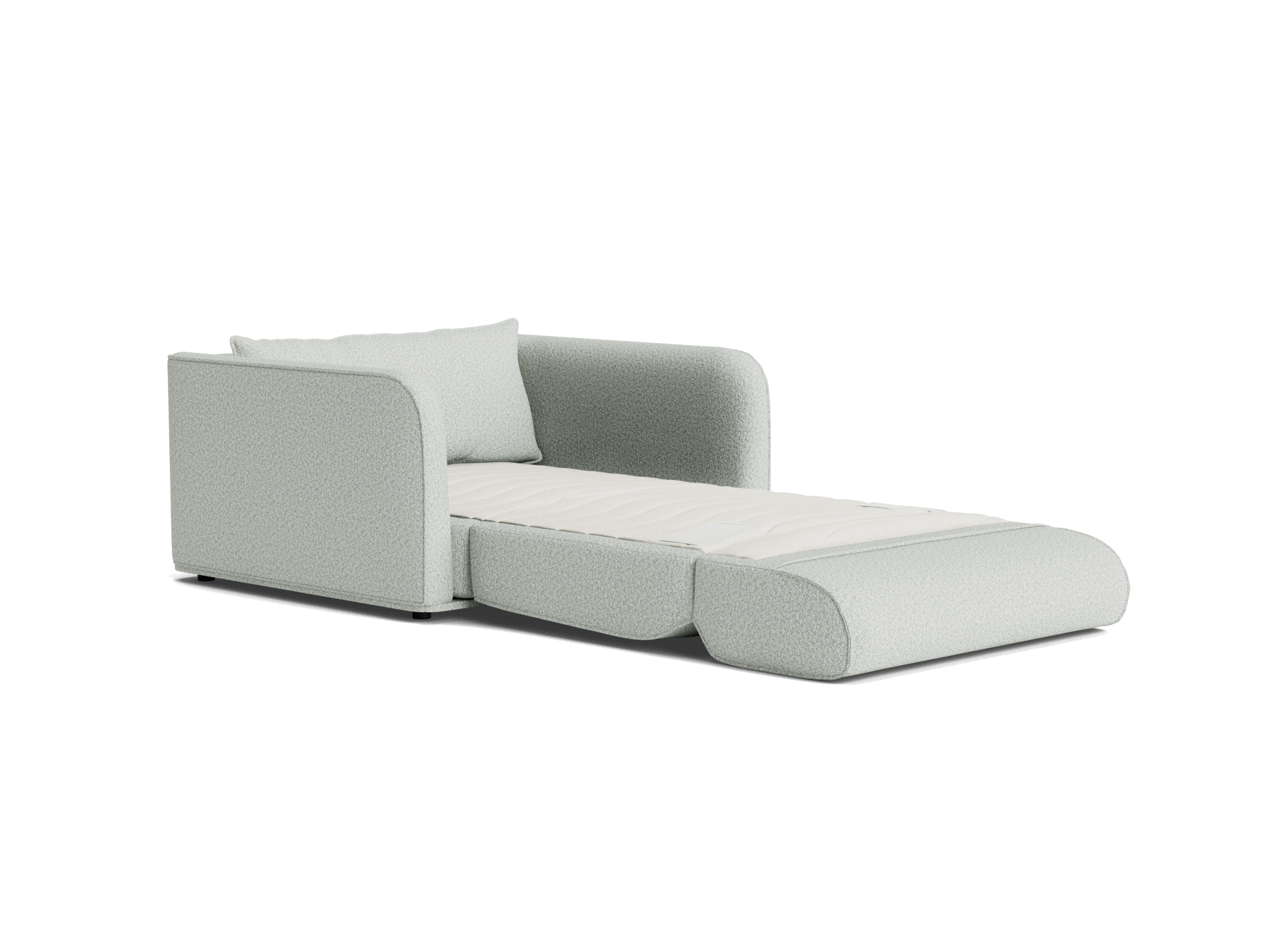 Grey fabric sofa bed with light grey cushion, extended to form a flat surface. Simple, modern design on white background.