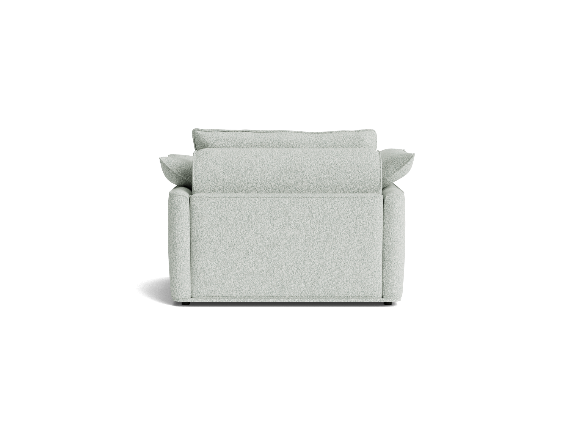 Light grey fabric loveseat with a modern boxy design, viewed from the front. Ideal for compact living spaces.