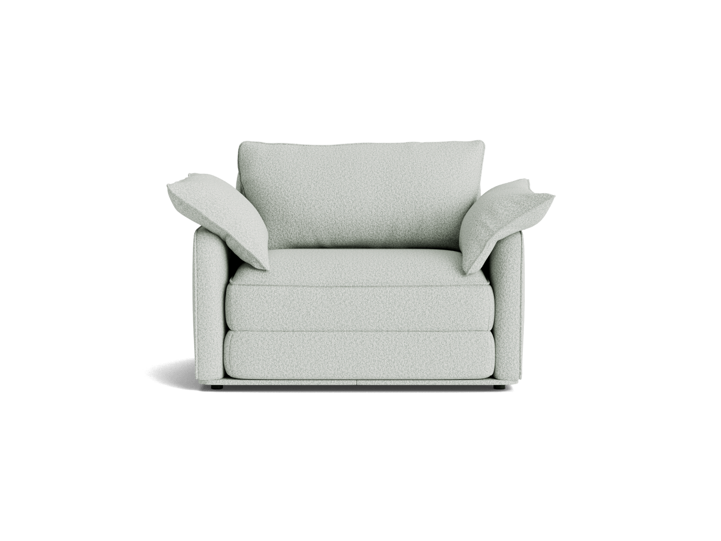 Light grey two-seater sofa with plush cushions and rounded armrests. Simple, modern design on a plain background.