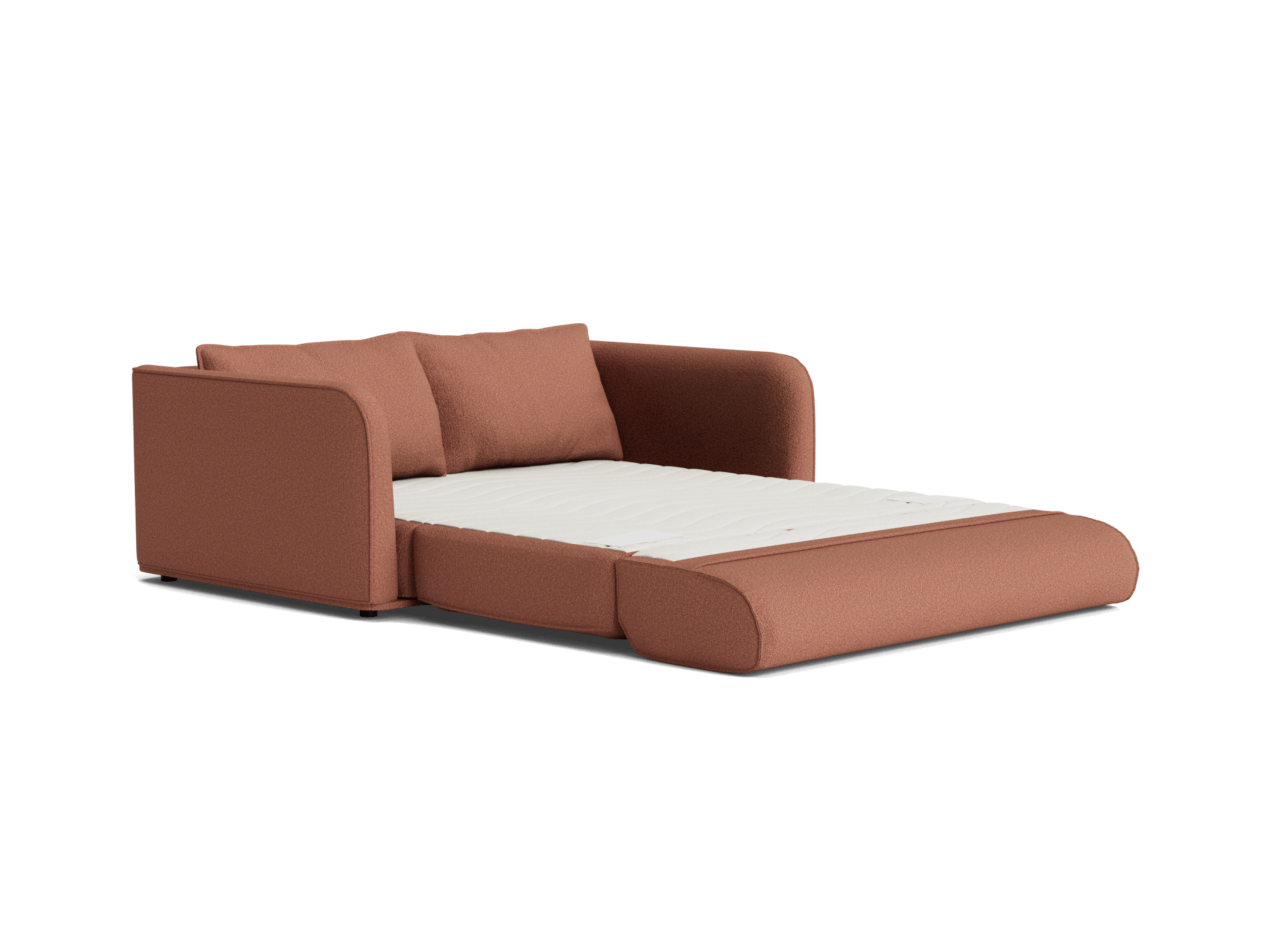 Brown sofa bed with cushioned armrests and white mattress, extended into a bed position. Perfect for small spaces and modern interiors.