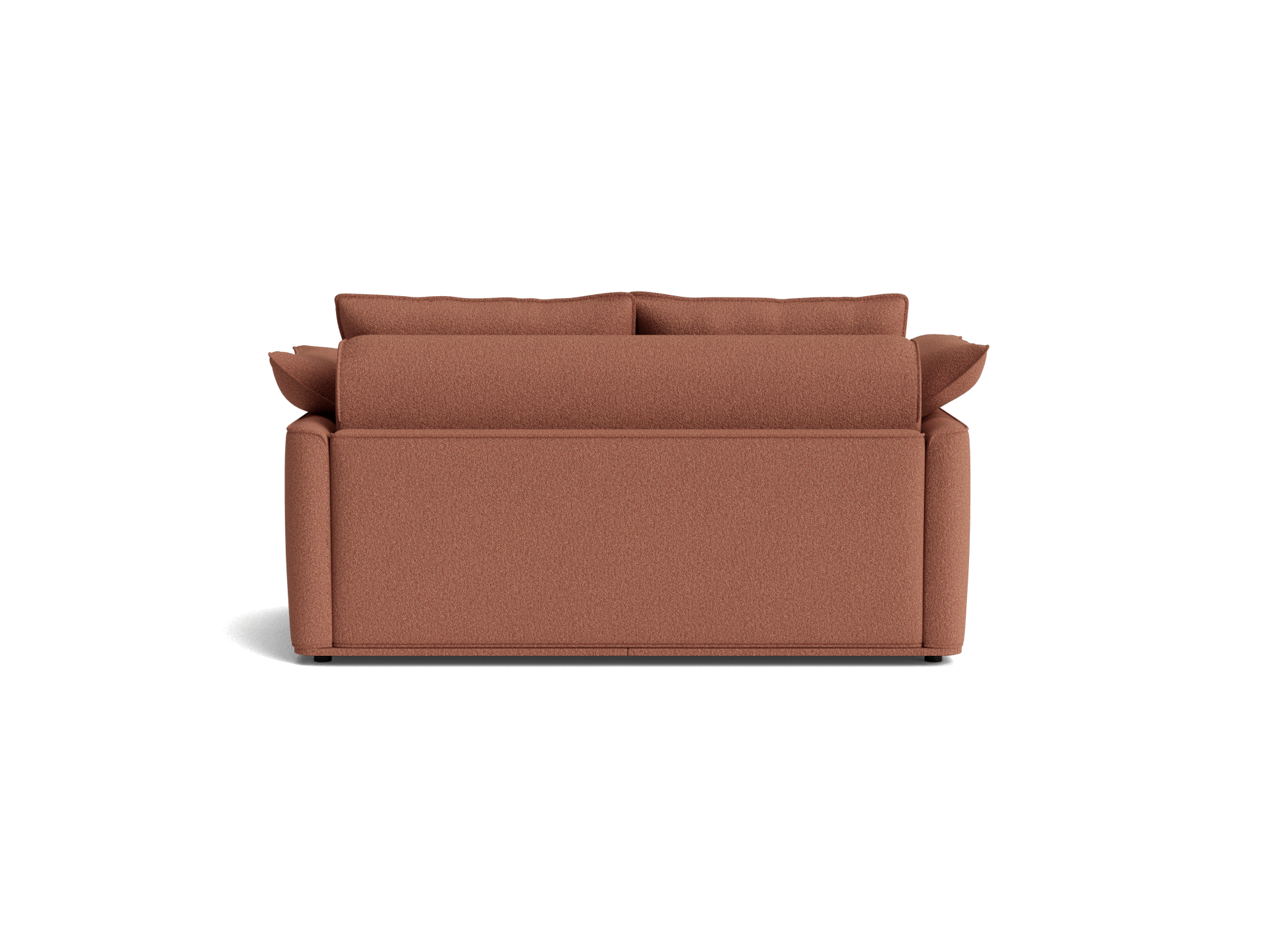 Rust-coloured fabric sofa viewed from the back, featuring two large cushions and minimalist design.