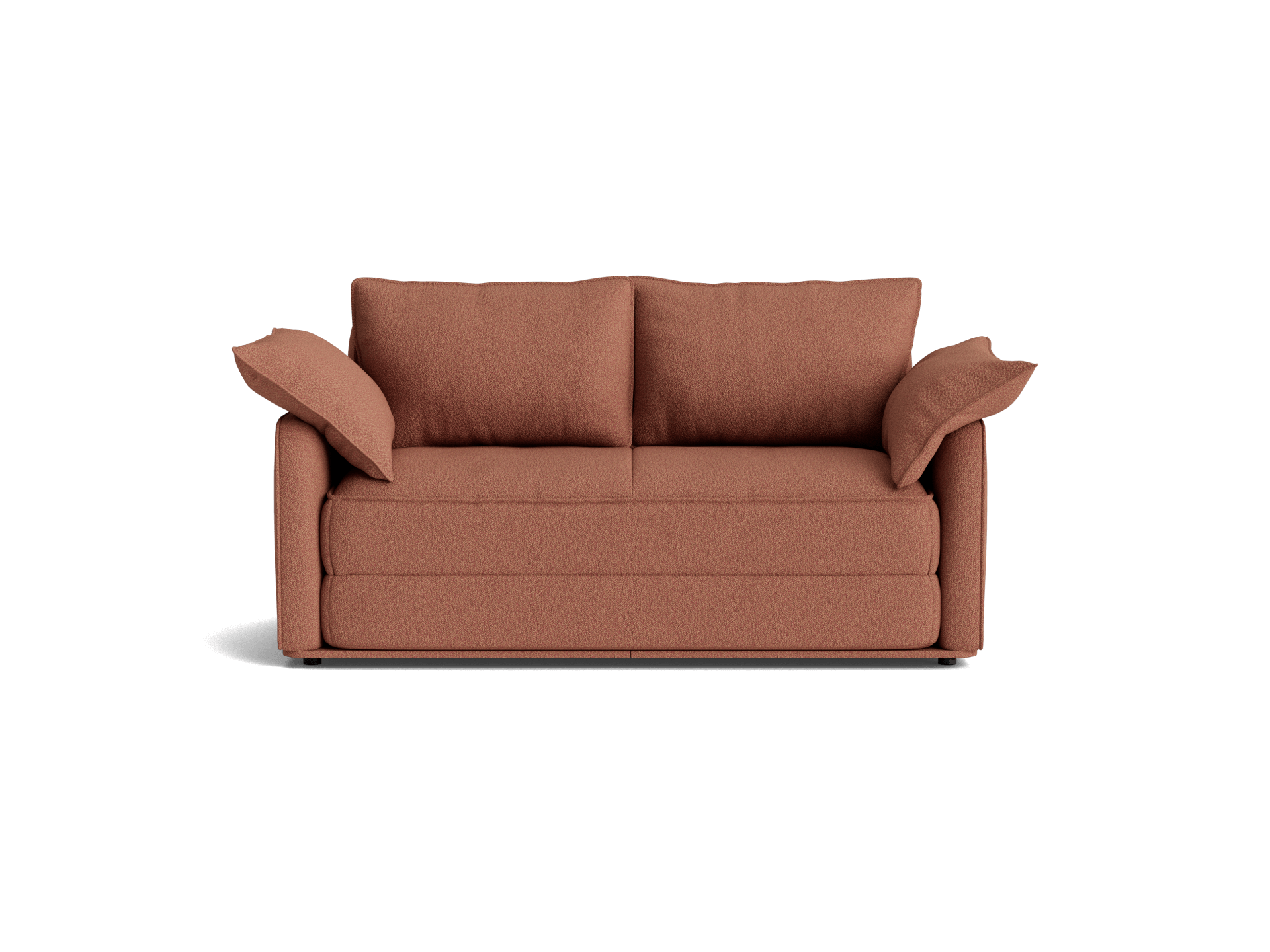 Compact, two-seater sofa in a warm brown fabric with cushioned arms and thick seat cushions, ideal for cosy living spaces.