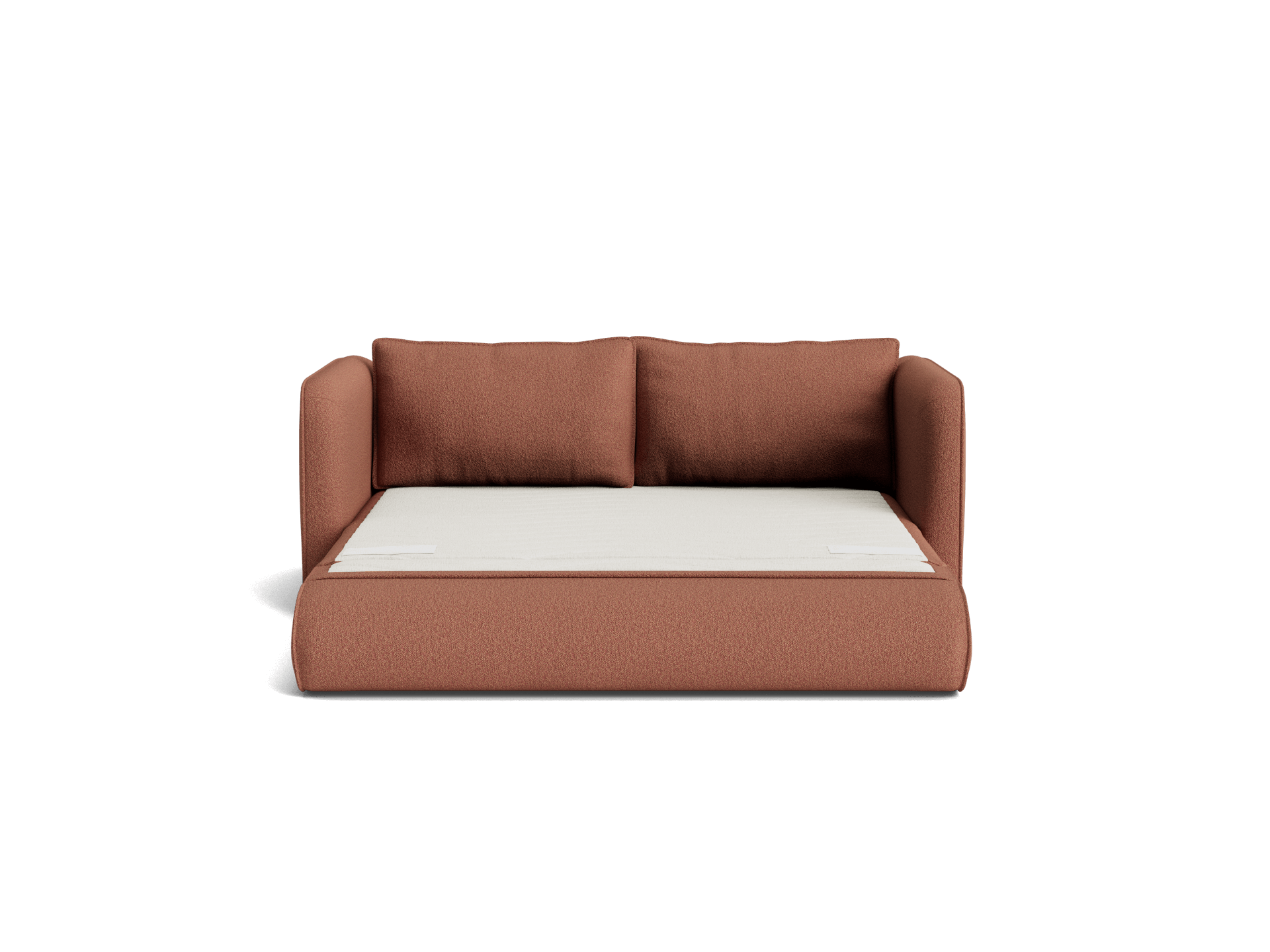 Brown sofa bed with a light mattress, featuring two large back cushions.