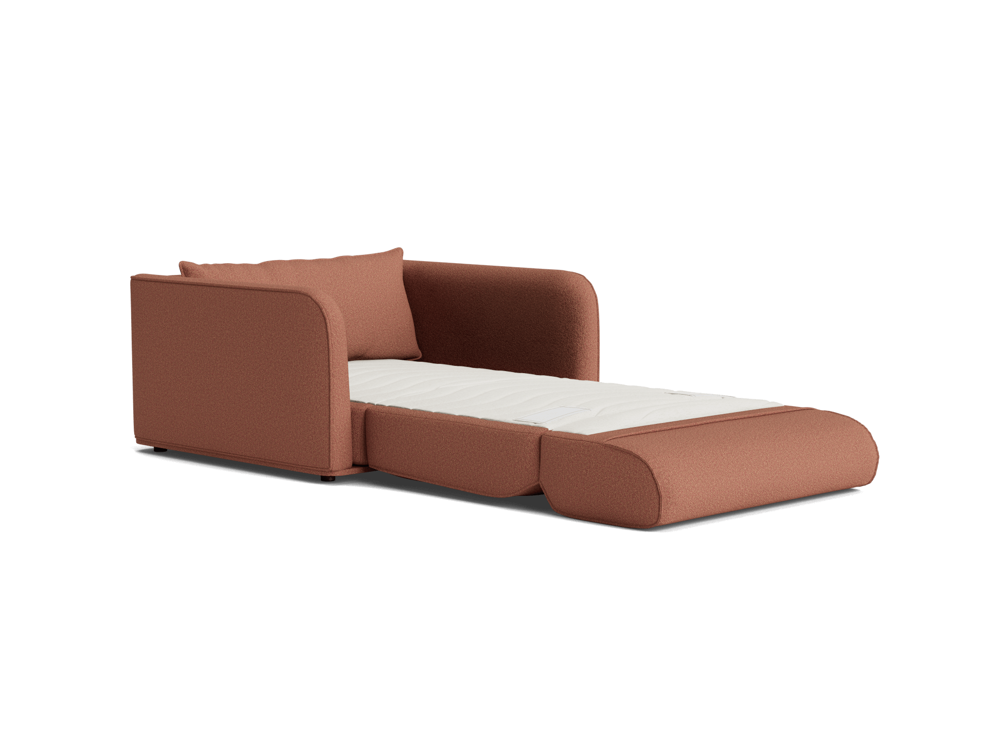 Brown sofa bed extended into a bed position, with white mattress and brown cushions, showcasing modern design and functionality.