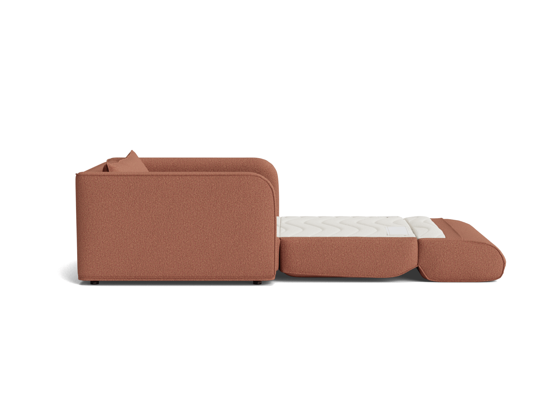 Brown sofa bed with extended white mattress, side view. Sleek, modern design for versatile living room furniture.