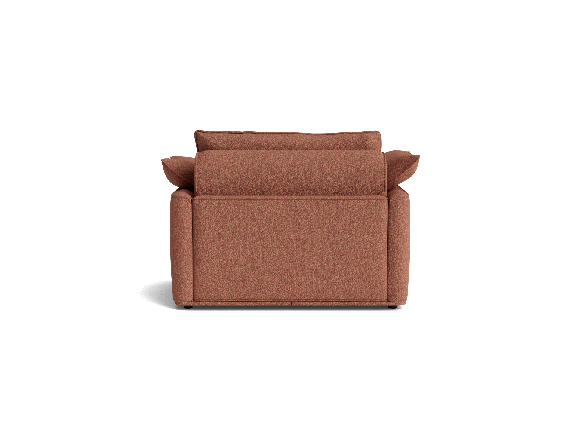 Rear view of a compact brown fabric sofa with cushioned backrest and armrests, placed against a plain background.