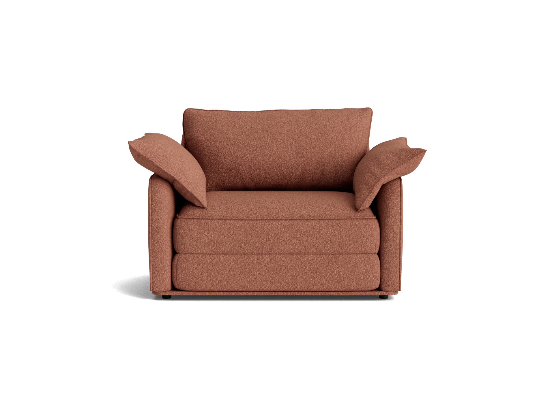 Rust-coloured armchair with plush cushions and wide, folded arms on a white background.