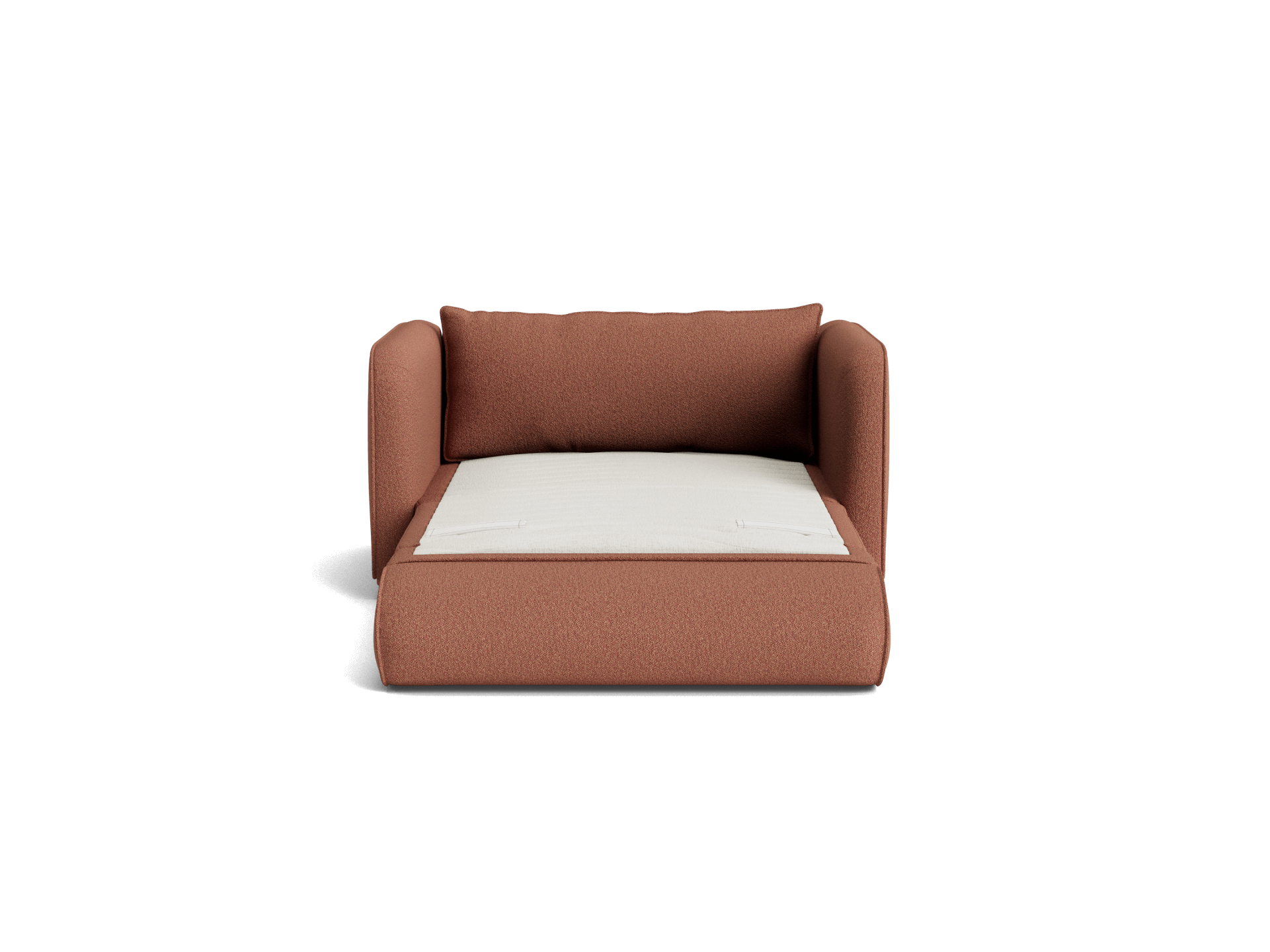 Brown armchair with a cream cushion on a white background, featuring a modern and minimalist design.