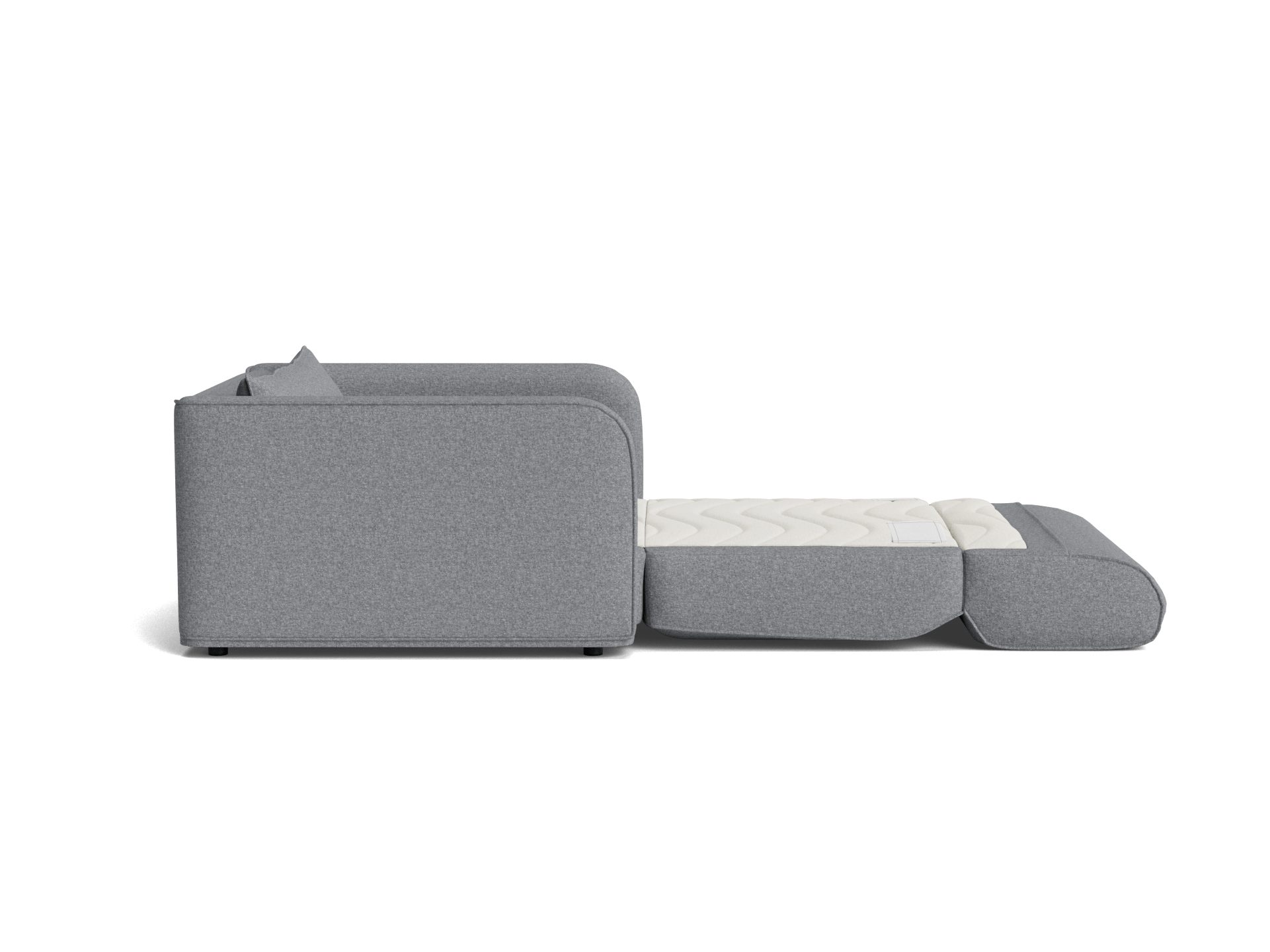 Grey sofa bed extended with unfolded mattress, featuring sleek, minimalist design. Perfect for modern living spaces.