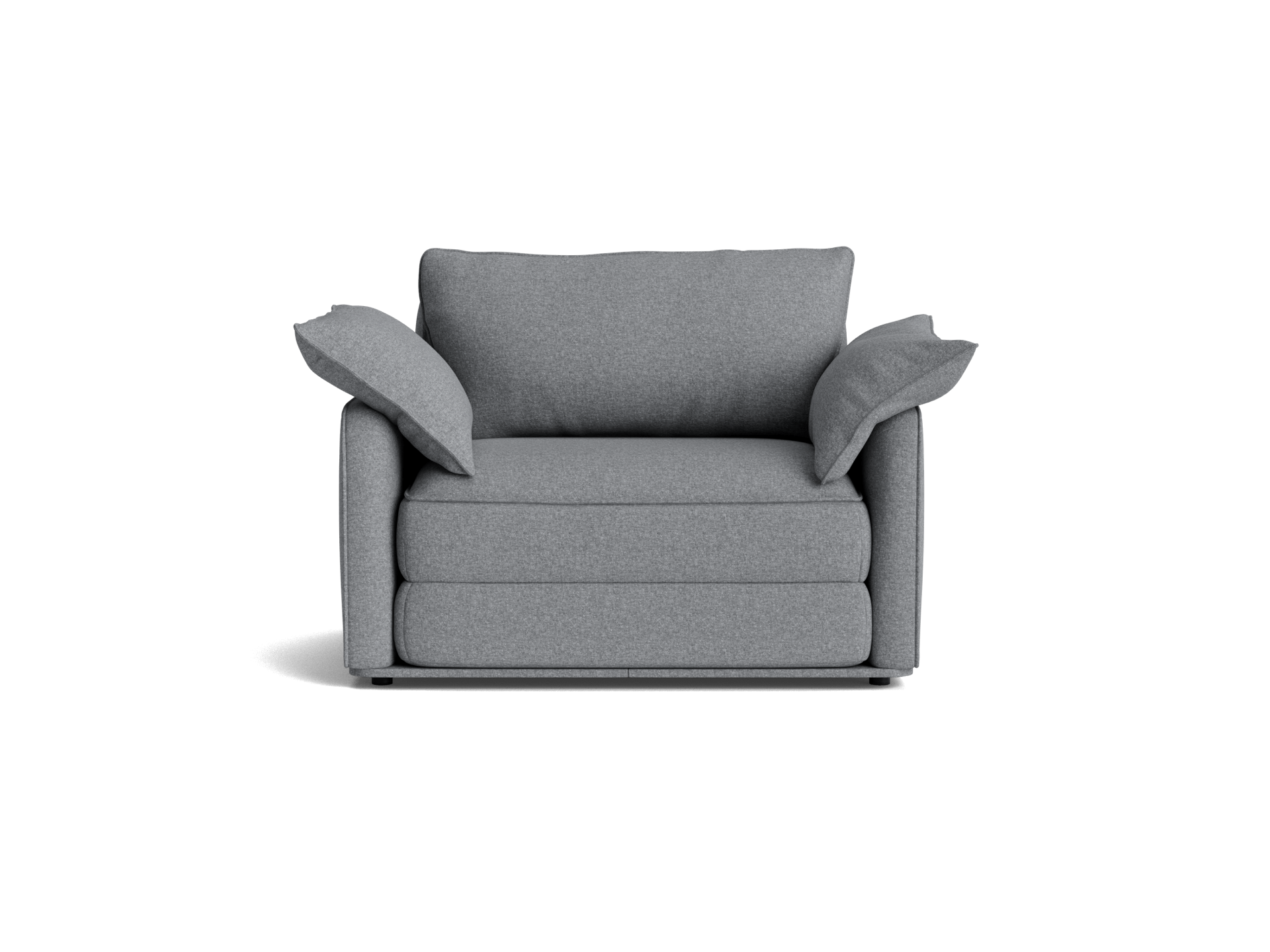 Grey armchair with plush cushions and armrests, suitable for modern living rooms.