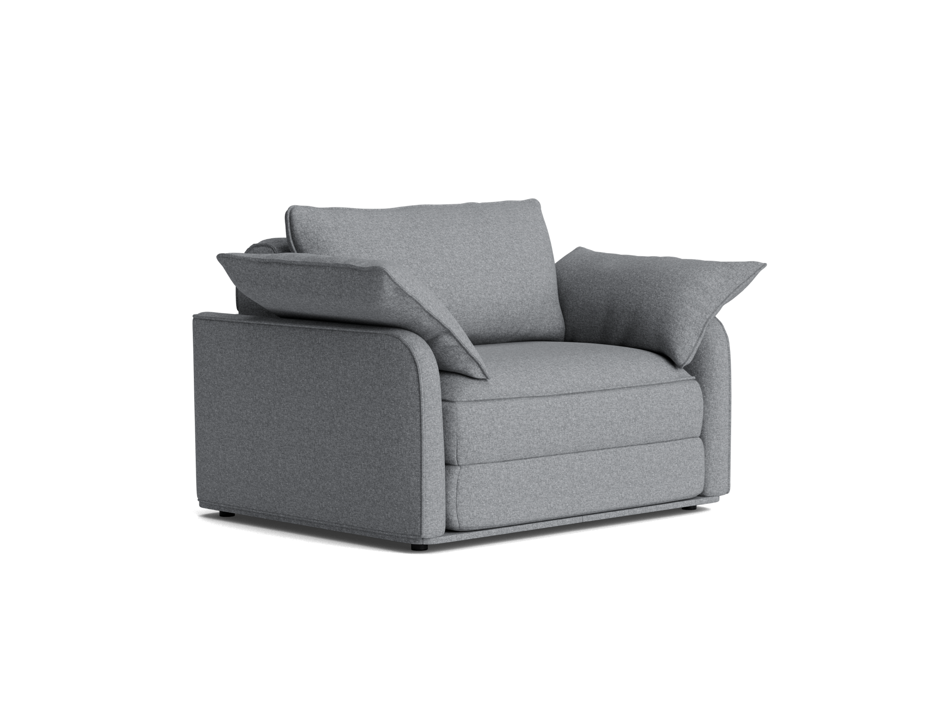 Light grey fabric armchair with plush armrests and seat cushions. Modern design, ideal for cosy living room or lounge space.