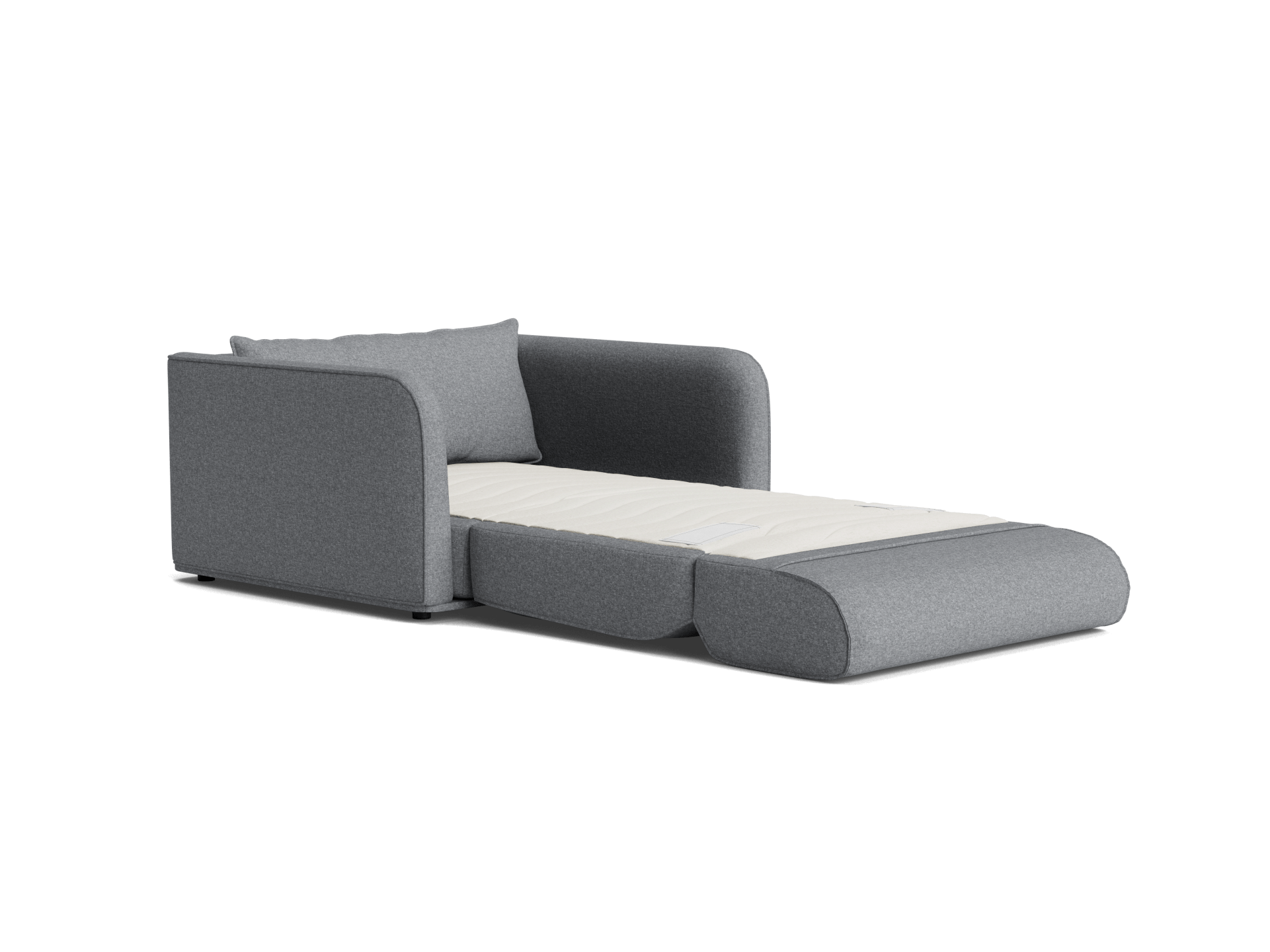 Grey fabric sofa bed with a light grey cushion, extended into a flat position, showcasing a minimalist design.