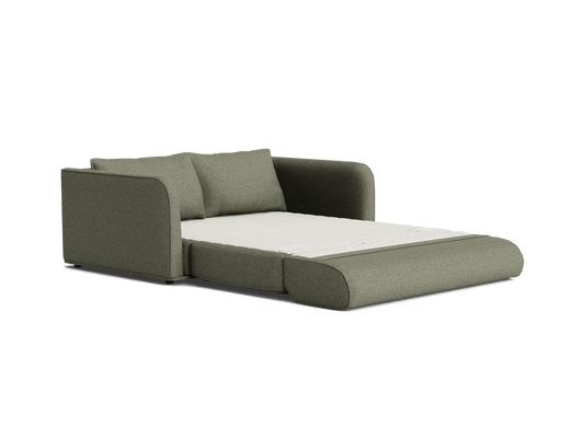 Grey sofa bed with a pull-out mattress, featuring two matching cushions and rounded armrests.