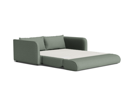 Green fabric sofa bed with a pull-out mattress, featuring two matching cushions.