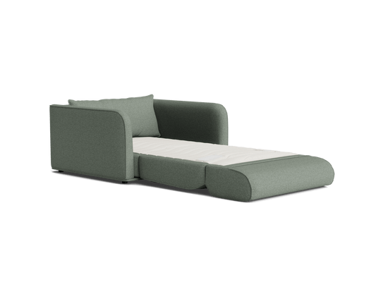 Green sofa bed with rounded armrests and an extended pull-out mattress. Compact and modern design perfect for small spaces.