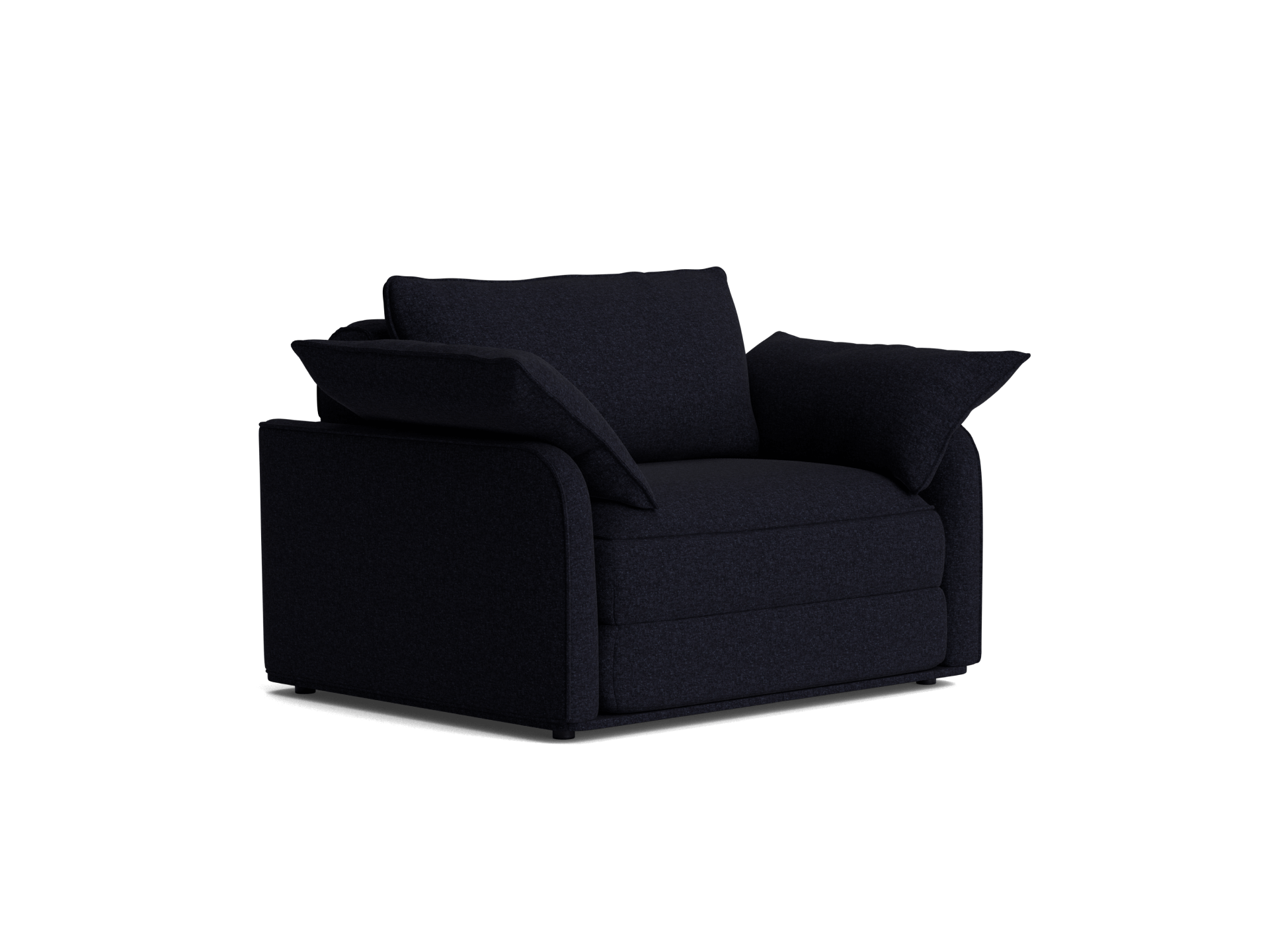 Dark grey armchair with plush cushions and wide armrests, set against a plain backdrop. Ideal for modern lounge settings.