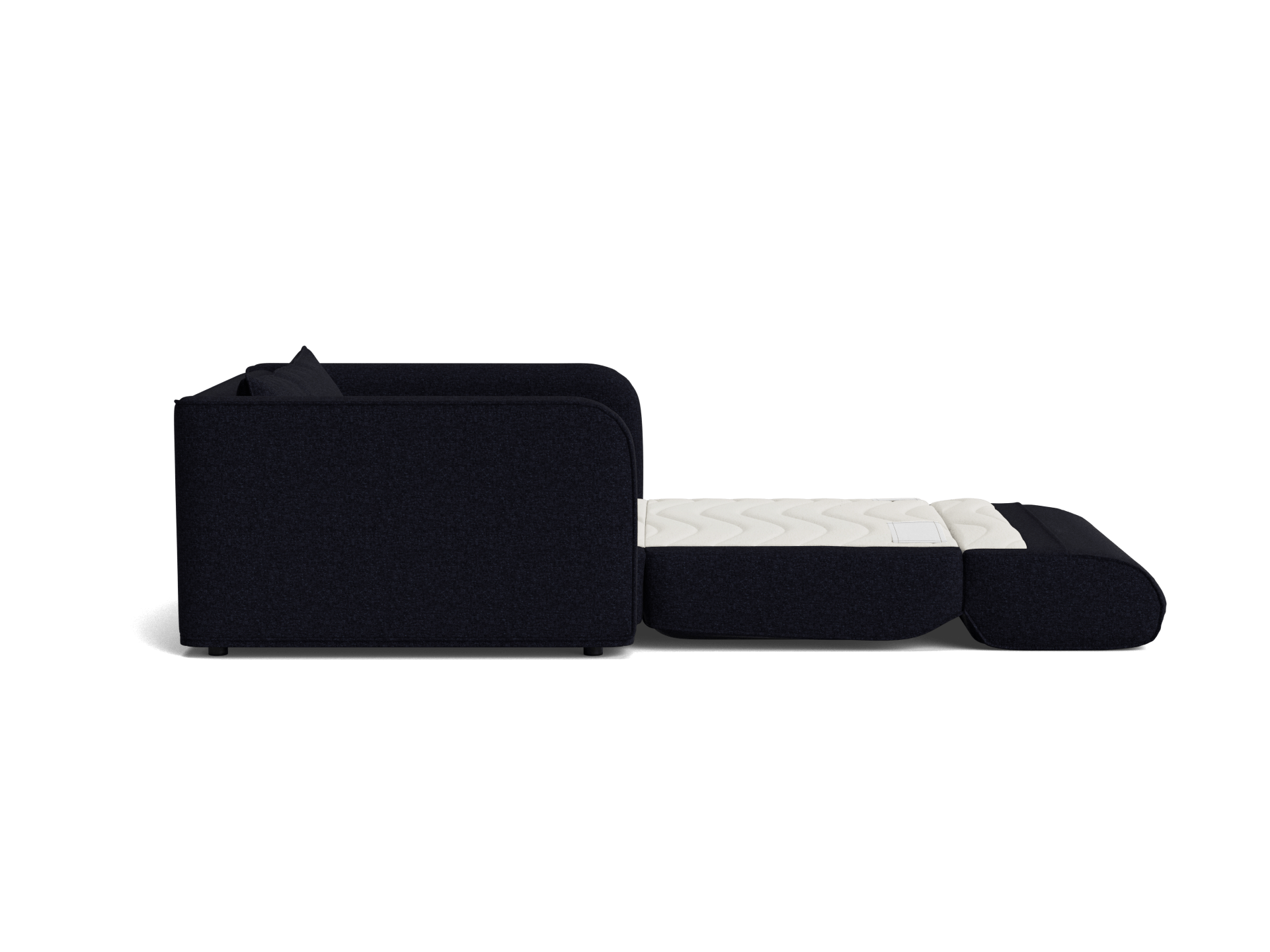 Black sofa bed with light mattress partially unfolded, viewed from the side.